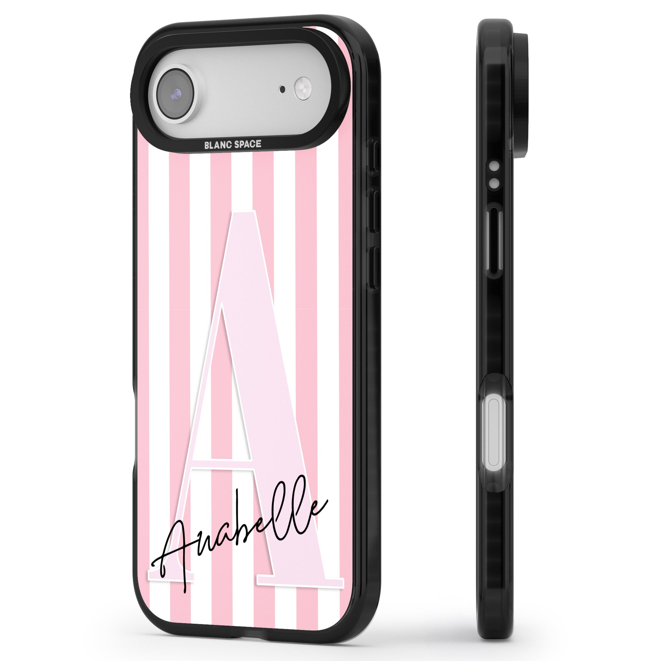 Personalised Pink Stripes & Monogram iPhone 17 Air Impact Black Phone Case Side Profile
