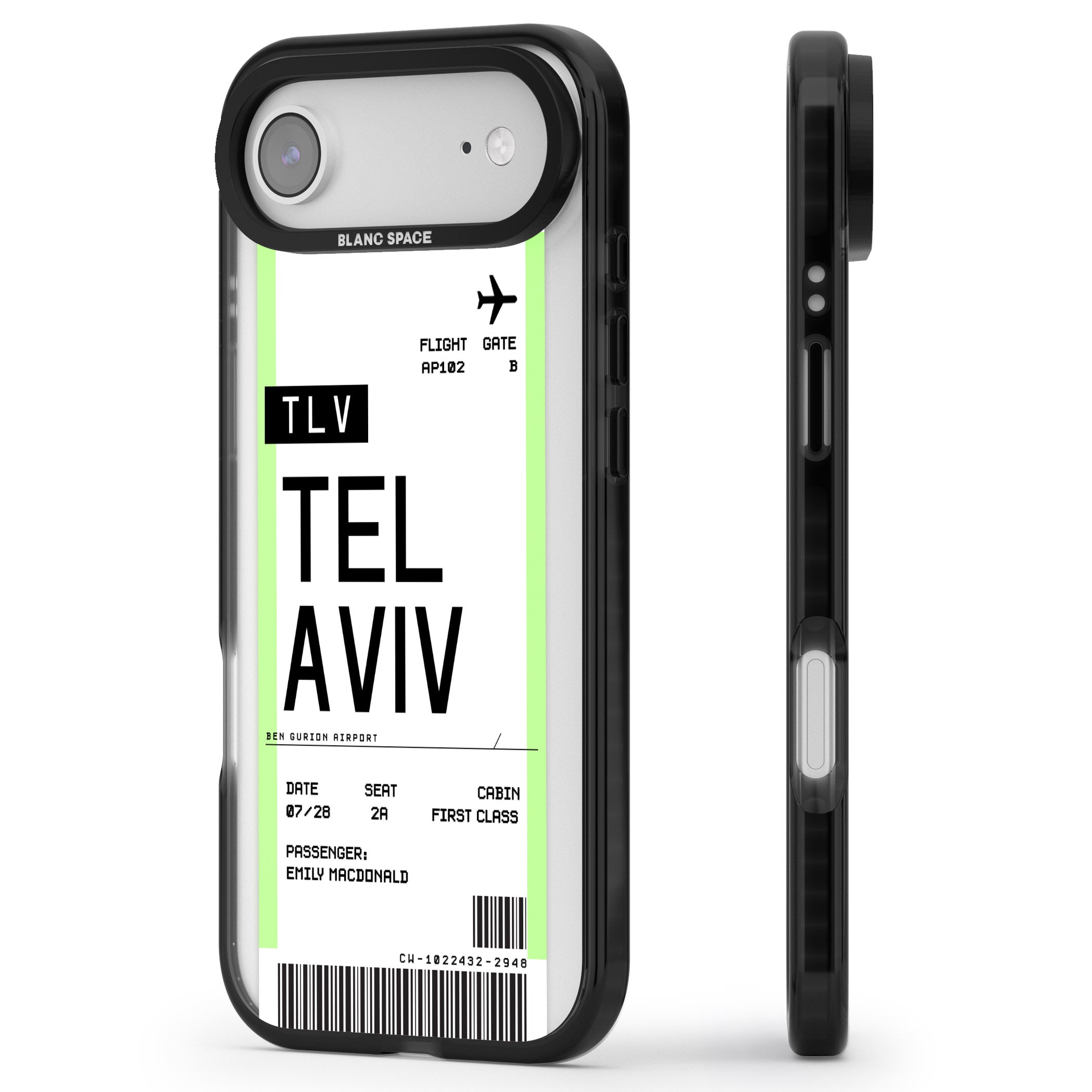Personalised Tel Aviv Boarding Pass iPhone 17 Air Impact Black Phone Case Side Profile
