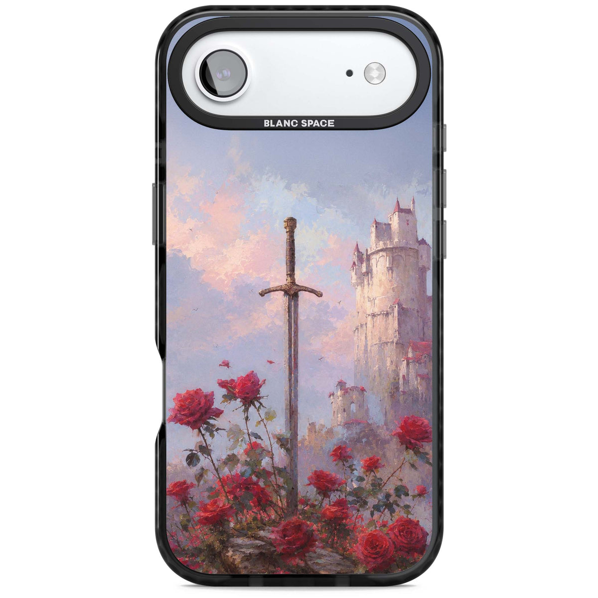 Sword in Roses medieval art iPhone case featuring a sword, red roses, and a misty fairytale castle at sunset | Clear Impact case for iPhone Air