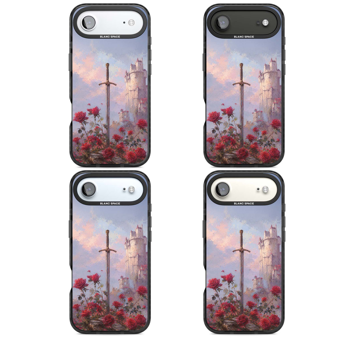 Sword in Roses medieval art iPhone case featuring a sword, red roses, and a misty fairytale castle at sunset | Clear Impact case for iPhone Air
