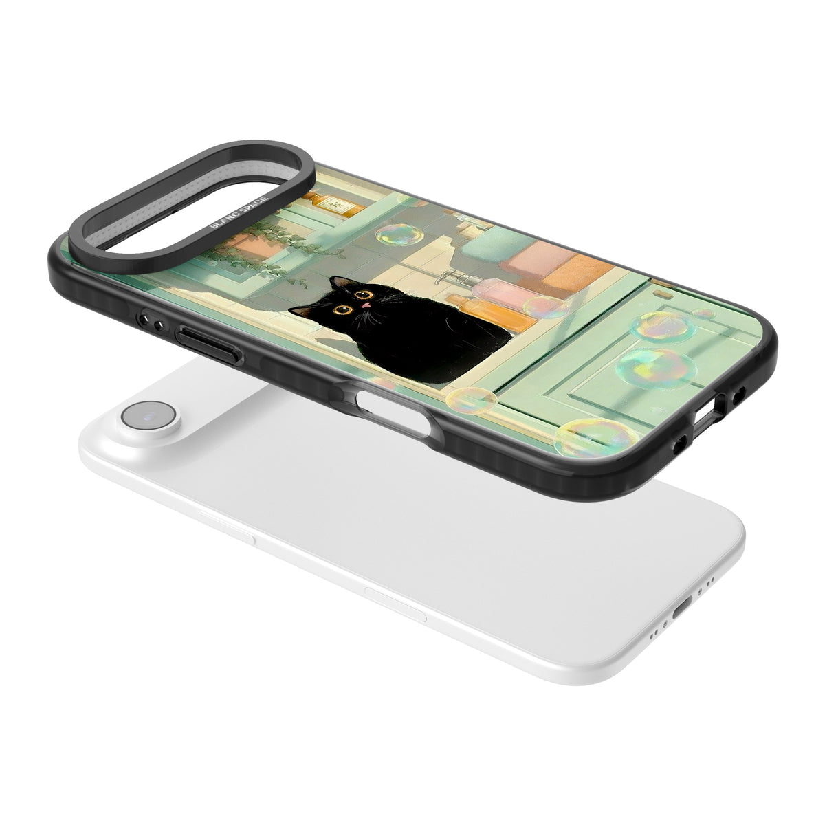 Bathroom Bubble Kitty iPhone Air Impact Black Phone Case angled