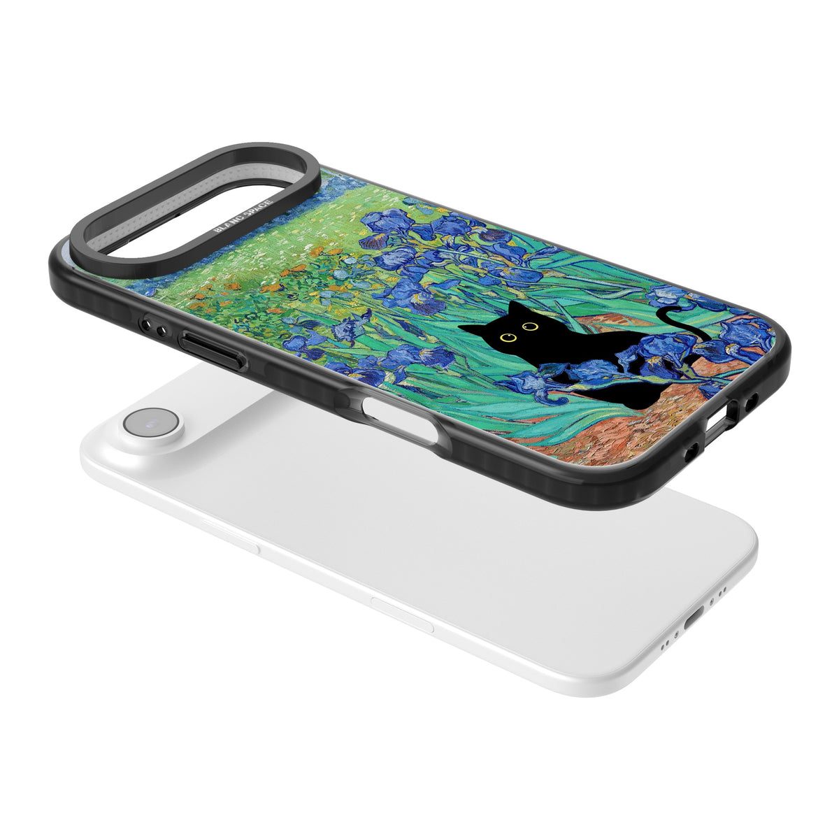 Cat in Van Gogh's Irises iPhone Air Impact Black Phone Case angled