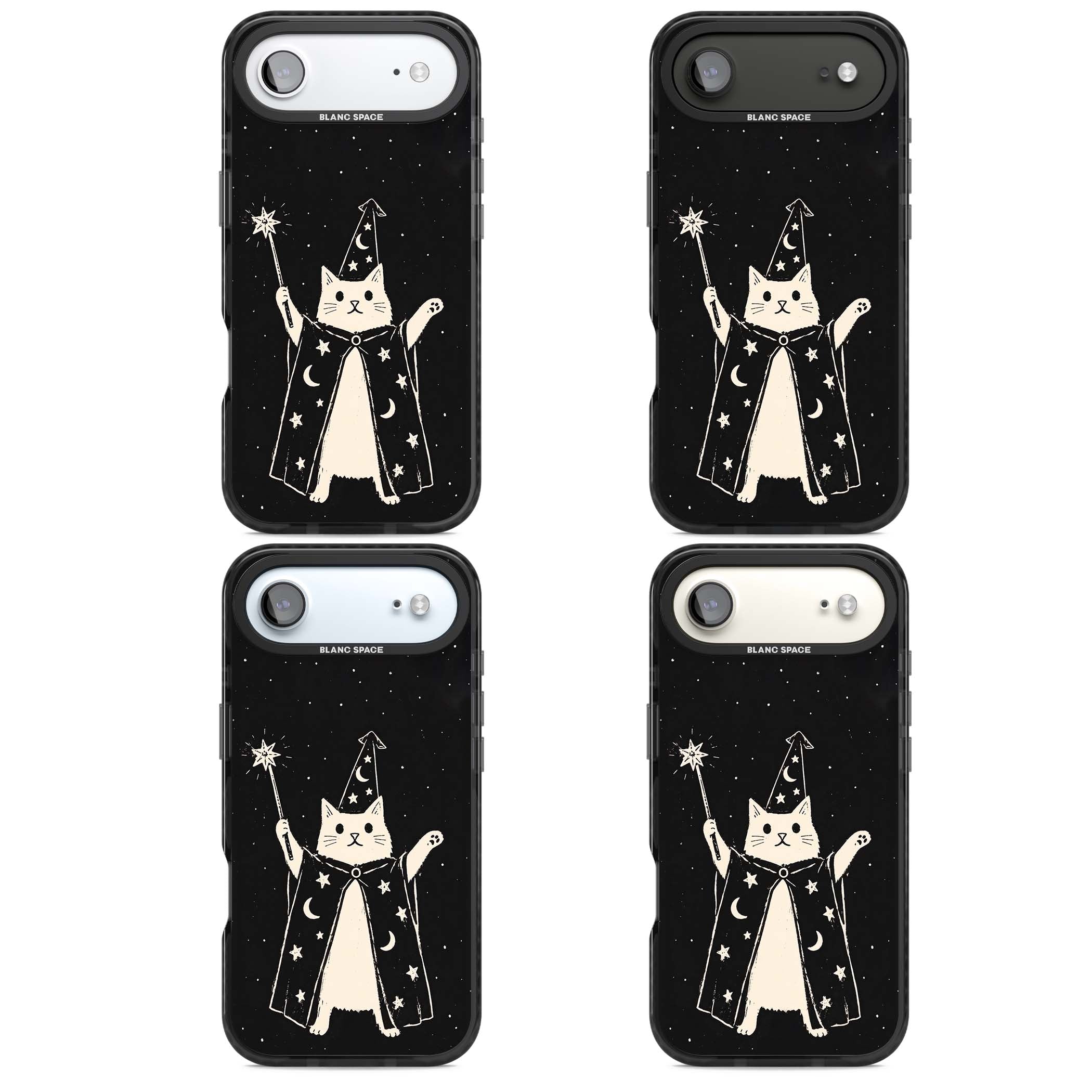 Whisker Wizard celestial cat iPhone case featuring a wizard cat with magic wand, starry night sky and crescent moons | Clear Impact case for iPhone Air
