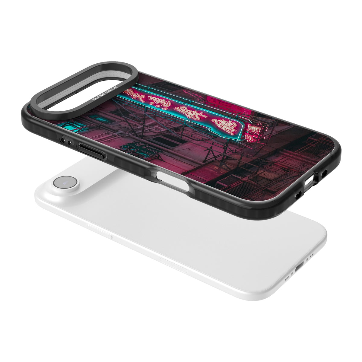 Neon Kanji Cityscape iPhone Air Impact Black Phone Case angled