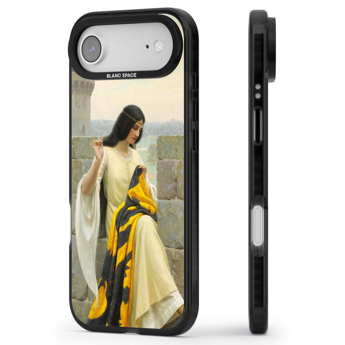 Stitching the Standard renaissance art iPhone case featuring a medieval lady sewing a golden banner on a castle wall | Clear Impact case for iPhone Air