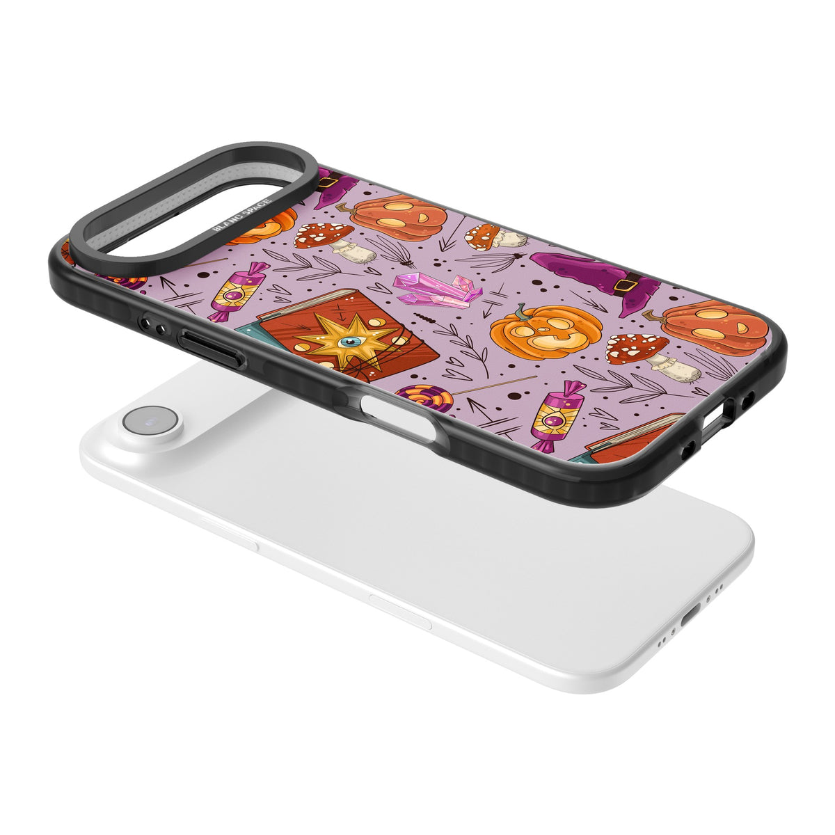 Witchy Cartoon Halloween Pattern iPhone Air Impact Black Phone Case angled