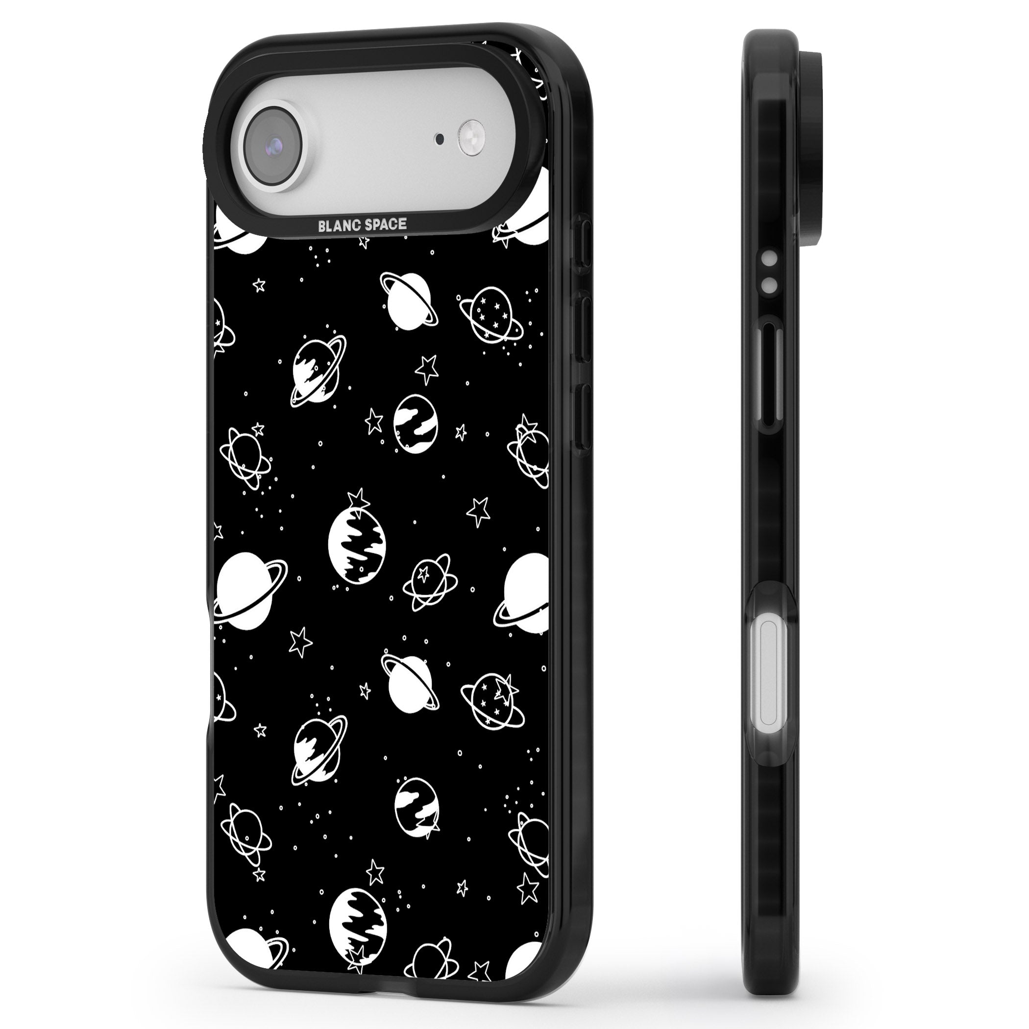 White Planets On Black iPhone 17 Air Impact Black Phone Case Side Profile