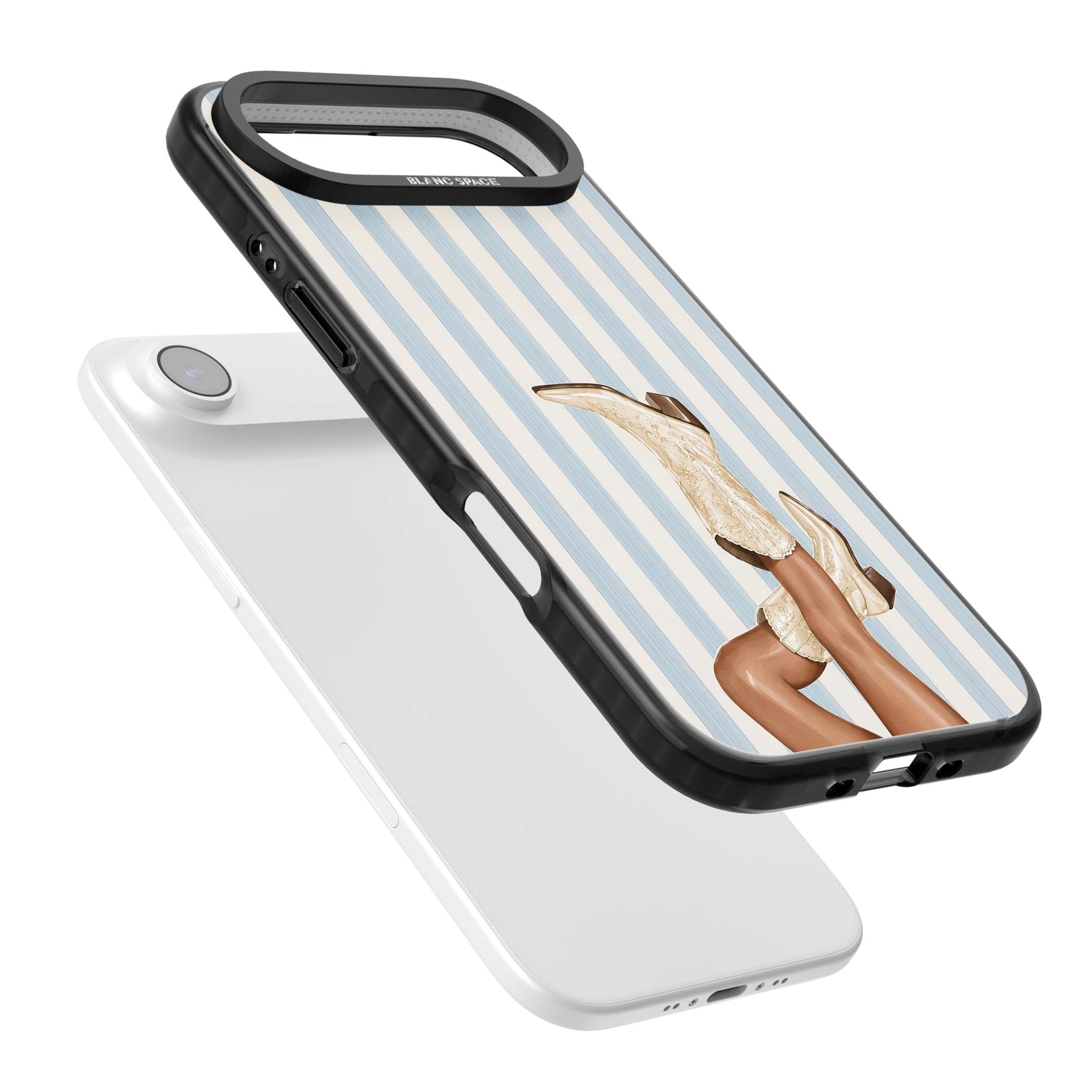 Cowgirl Boots coastal cowgirl iPhone case featuring embroidered western boots, tanned legs and a blue stripe backdrop | Clear Impact case for iPhone Air