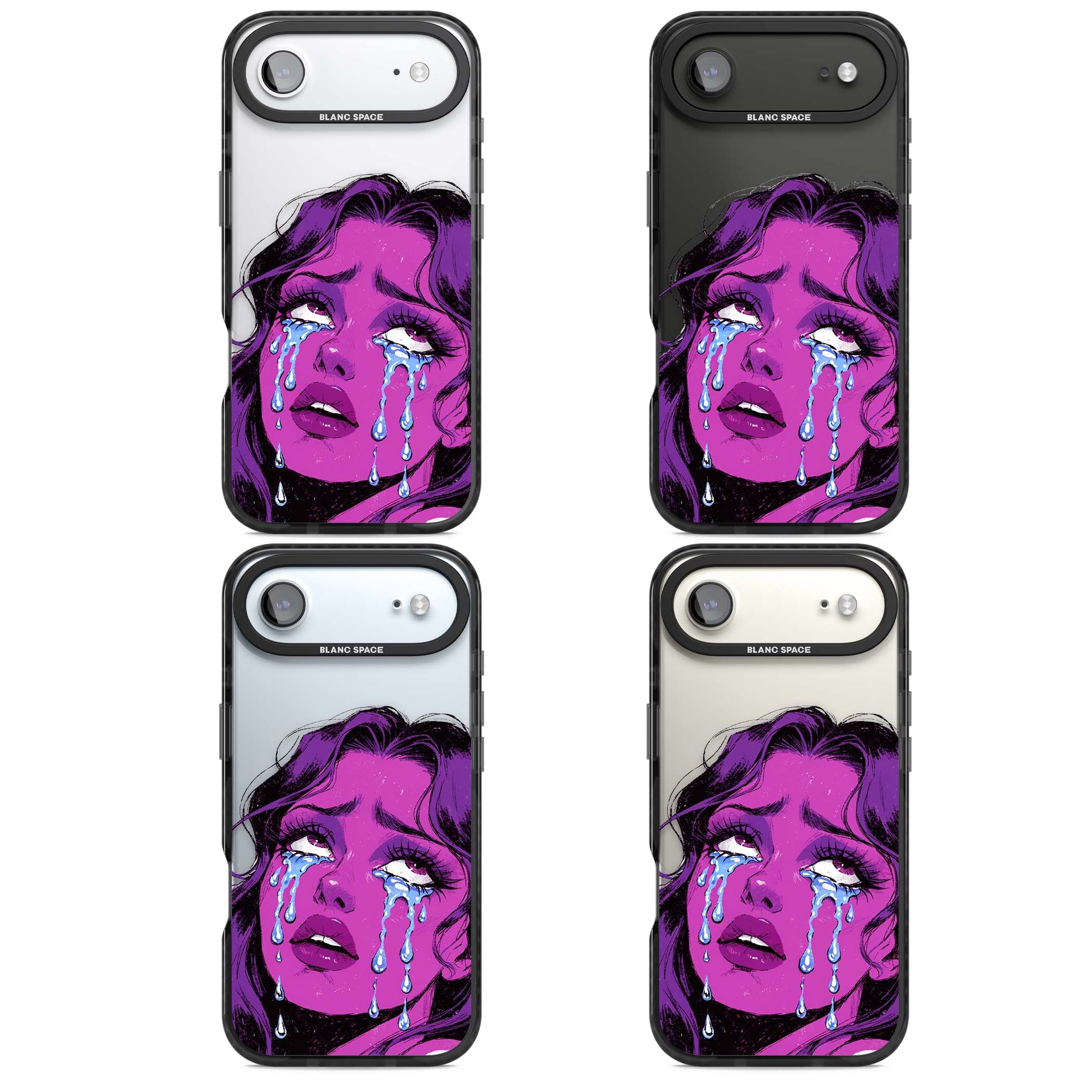 Drama Queen pop art iPhone case featuring a purple crying comic girl with blue tears | Clear Impact case for iPhone Air
