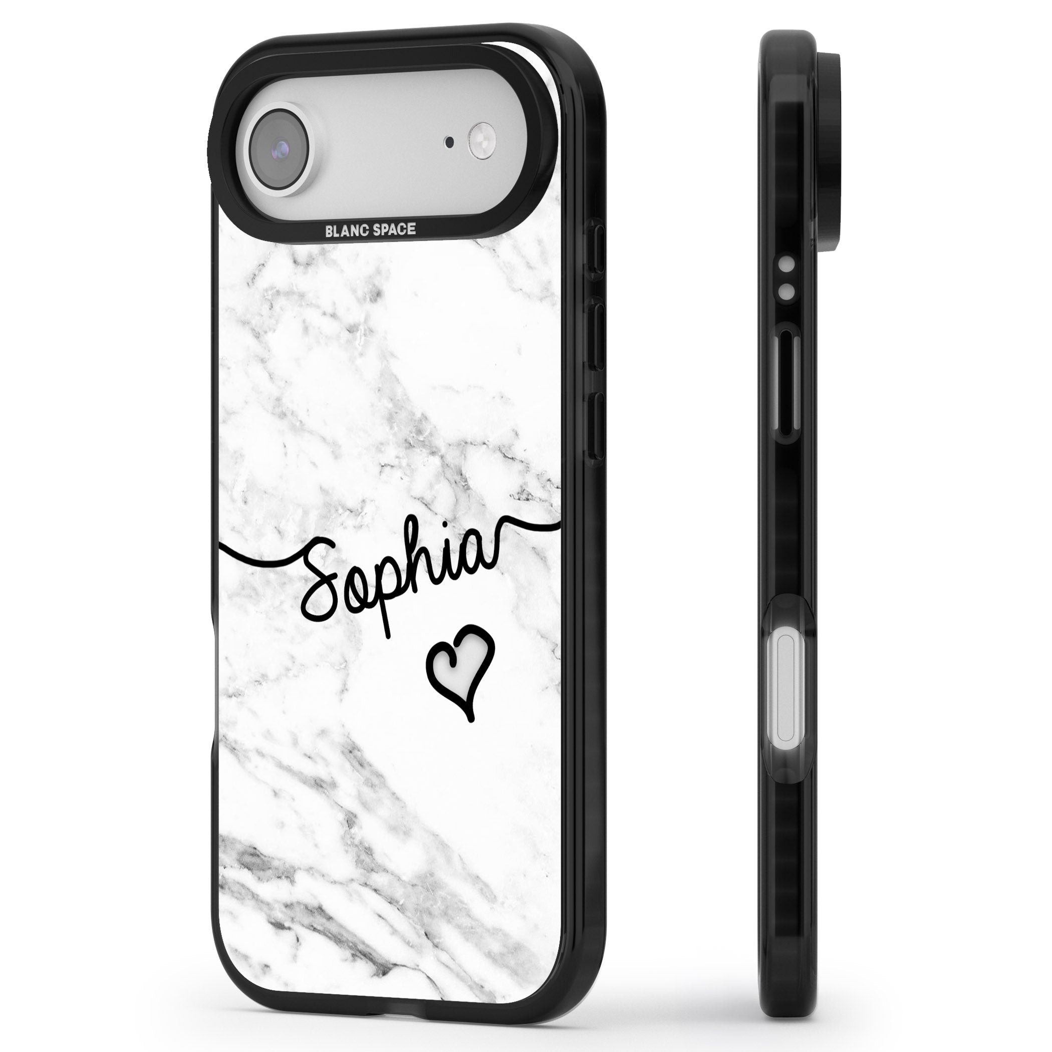 Personalised White Marble Heart iPhone 17 Air Impact Black Phone Case Side Profile