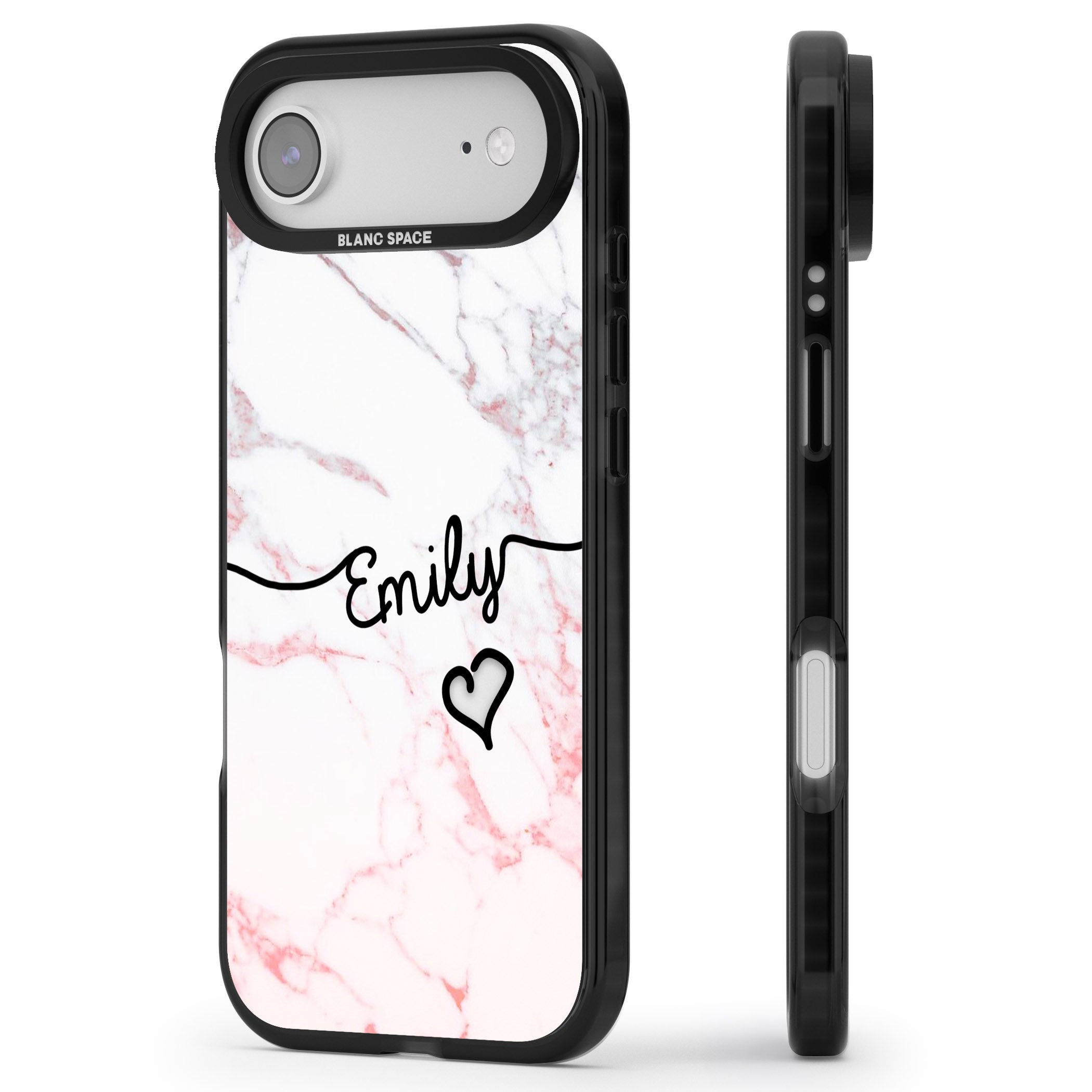 Personalised Pink Fade Marble Heart iPhone 17 Air Impact Black Phone Case Side Profile