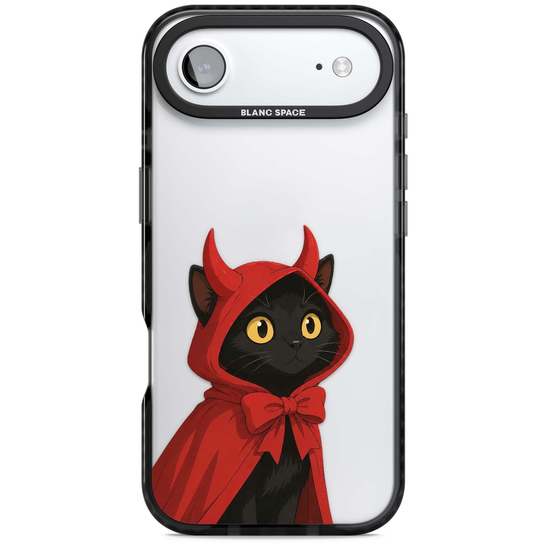 Little Devil halloween iPhone case featuring a black cat in a red hooded devil cloak with horns and golden eyes | Clear Impact case for iPhone Air