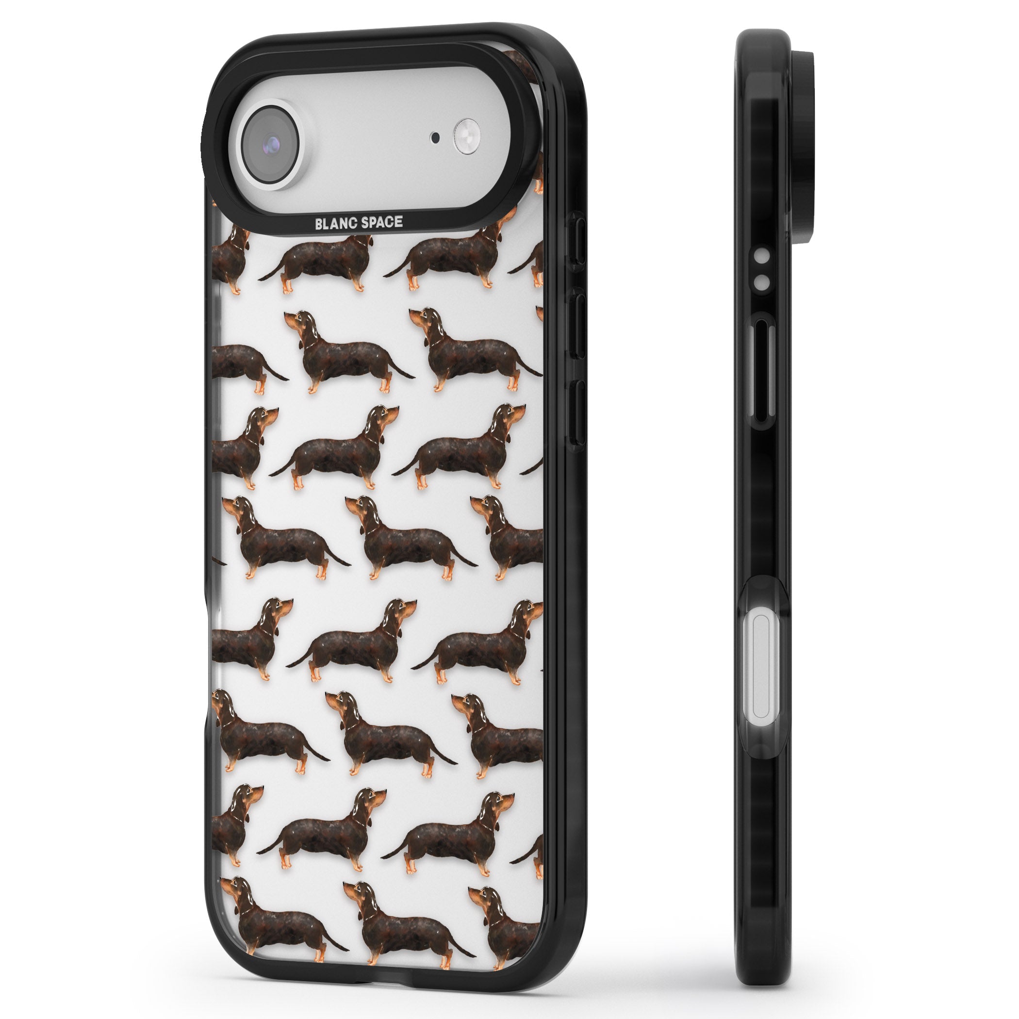 Dachshund Pattern Black Tan iPhone 17 Air Impact Black Phone Case Side Profile