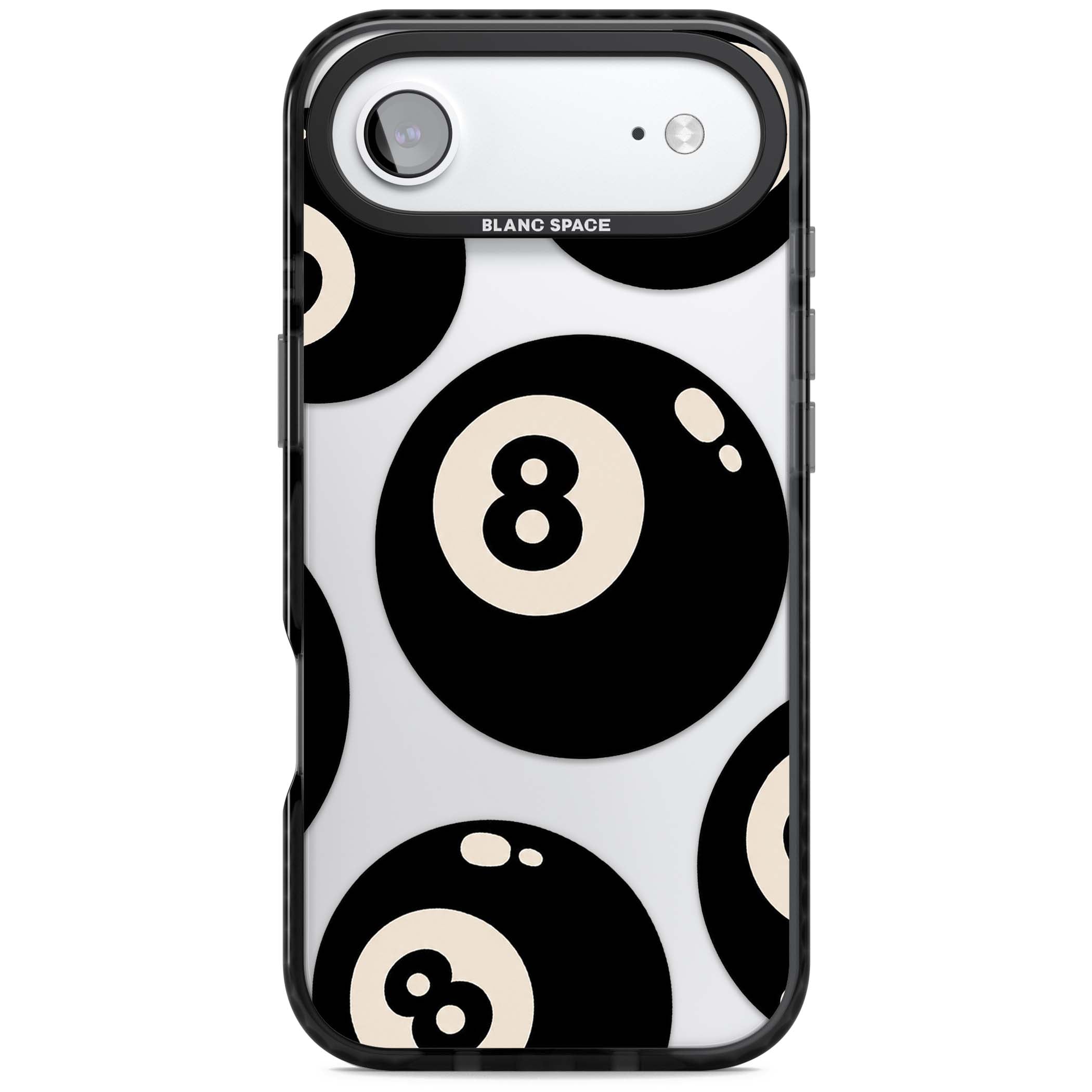 Eights y2k iPhone case featuring scattered black 8 balls with cream highlights on a clear background | Clear Impact case for iPhone Air
