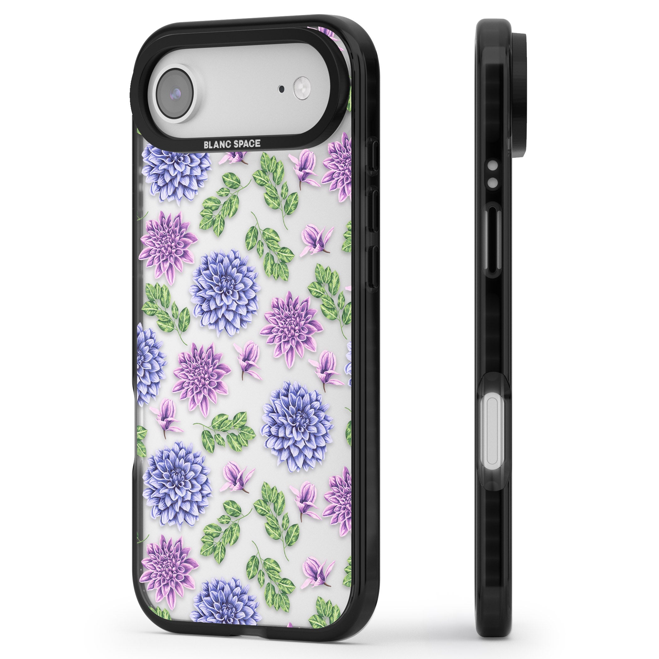 Purple Dahlias Floral iPhone 17 Air Impact Black Phone Case Side Profile