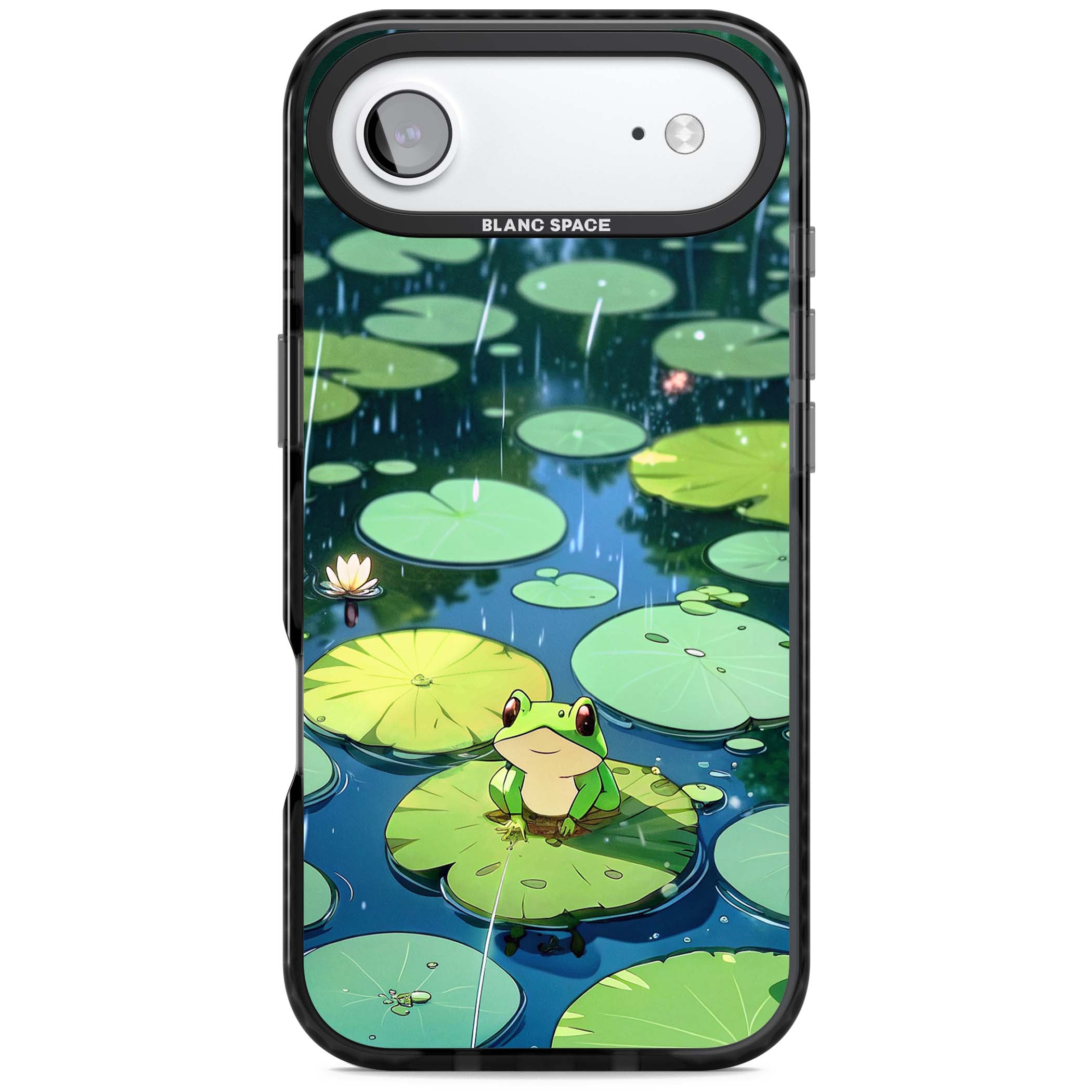 Frog In Lily Pond cottagecore iPhone case featuring a cute green frog on a lily pad with falling rain and a lotus flower | Clear Impact case for iPhone Air