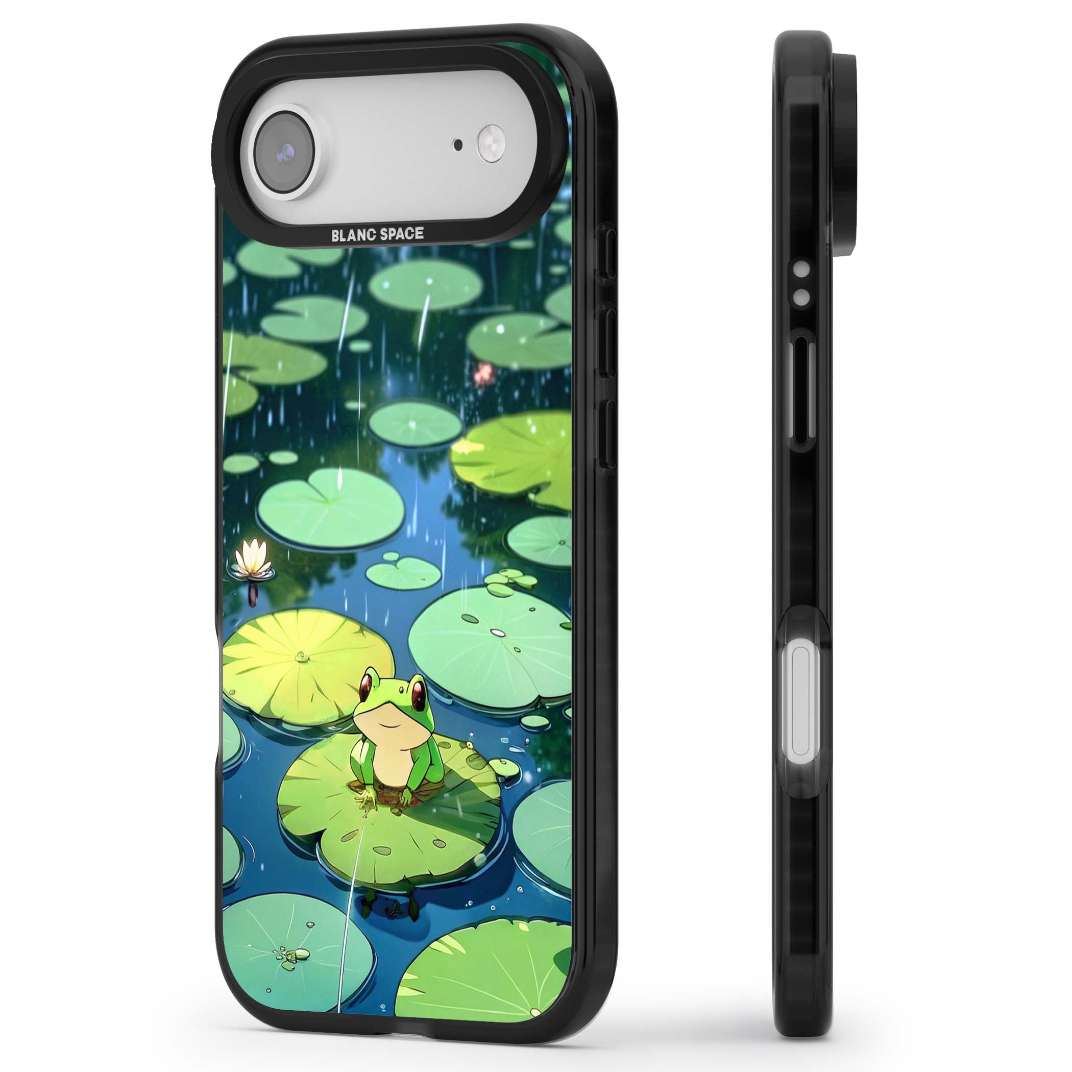 Frog In Lily Pond cottagecore iPhone case featuring a cute green frog on a lily pad with falling rain and a lotus flower | Clear Impact case for iPhone Air