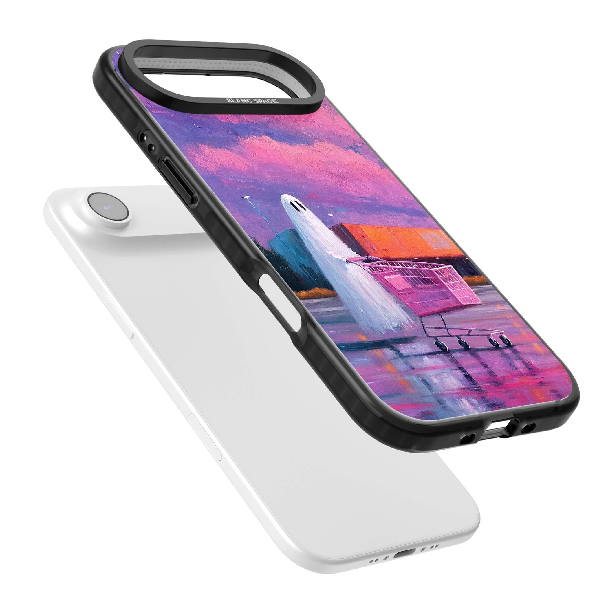 A Ghost's Errand ghost halloween iPhone case featuring a painted ghost, pink shopping trolley and purple sunset sky | Clear Impact case for iPhone Air