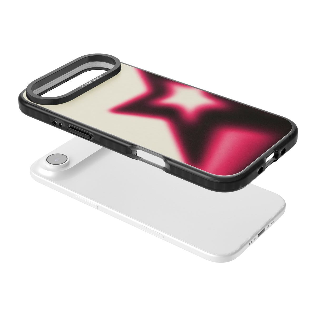 Rouge Y2K iPhone case featuring a blurred aura star in hot pink and black on a soft cream background iPhone Air / iPhone 17 Air Impact Black Phone Case angled