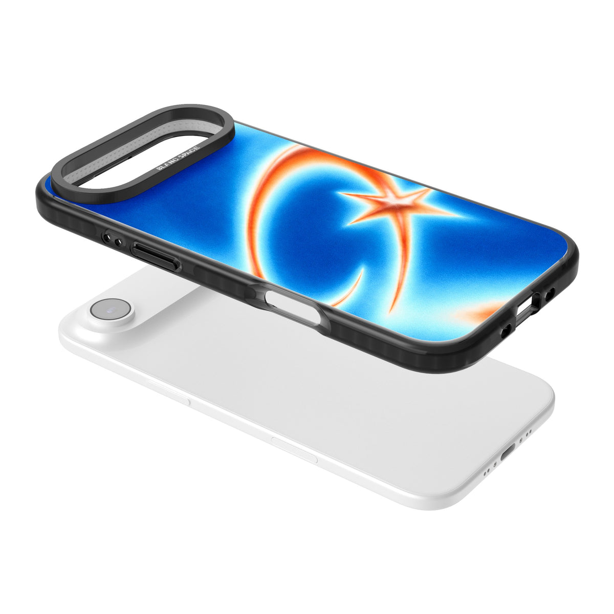 Starburn Y2K iPhone case featuring a glowing orange shooting star, sweeping comet trail and cobalt blue aura gradient iPhone Air / iPhone 17 Air Impact Black Phone Case angled