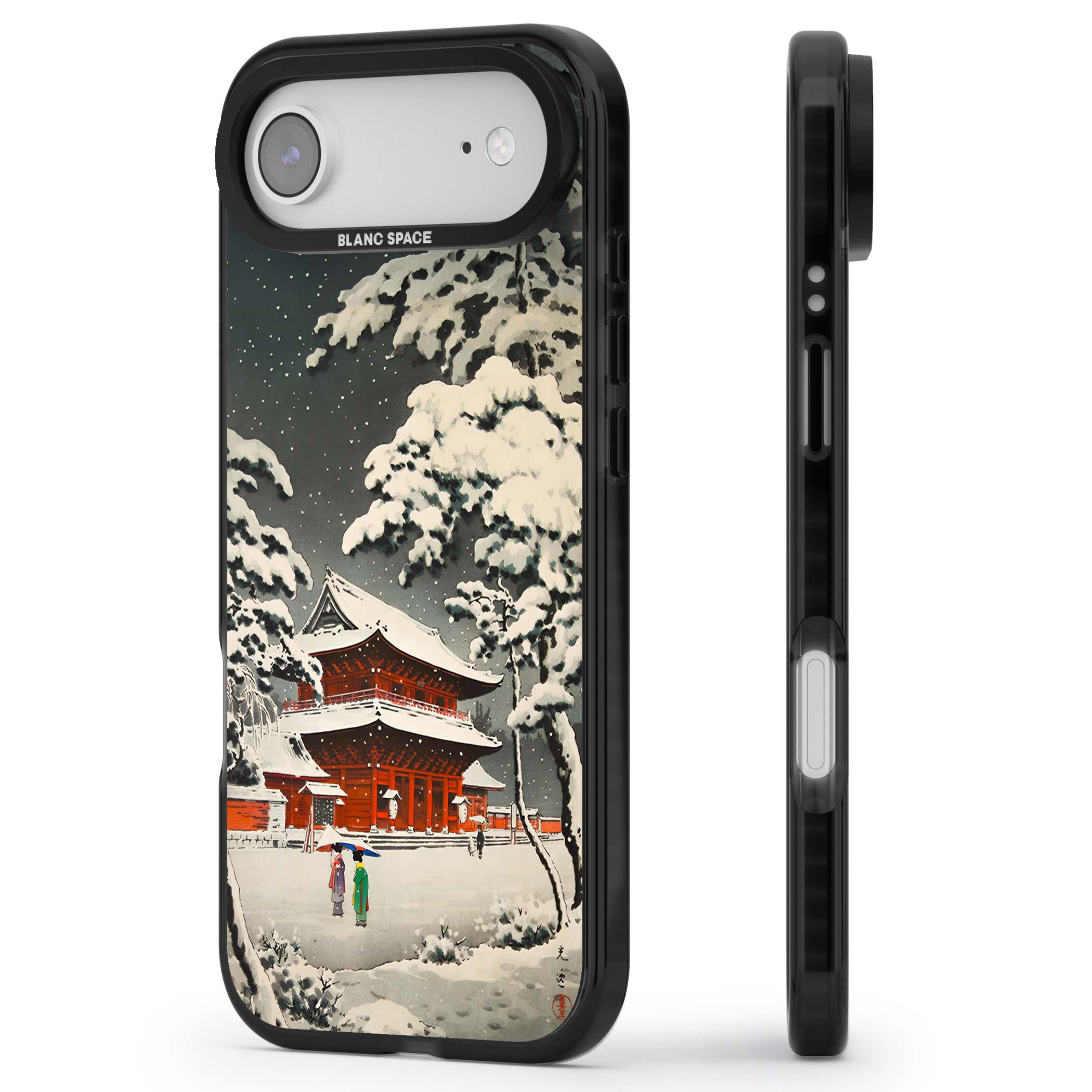 Snow at Shiha Park, Tokyo Japanese art iPhone case featuring a vintage ukiyo-e snowy temple, red pagoda, and snow-covered pin | Clear Impact case for iPhone Air
