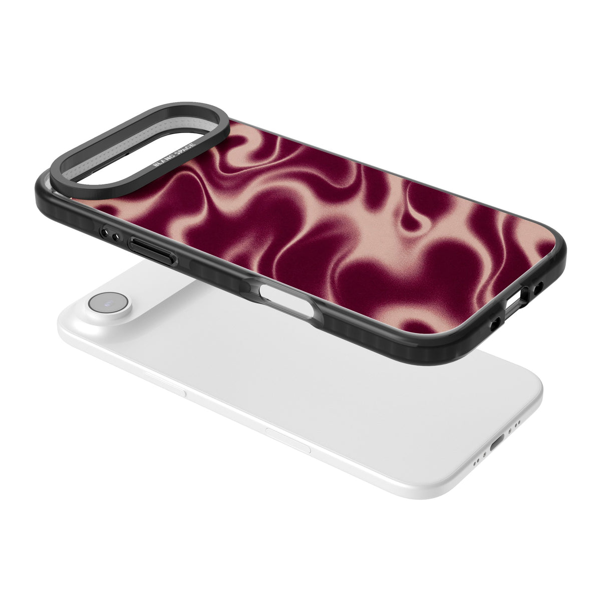 Merlot Sand abstract iPhone case featuring burgundy liquid satin waves, rose-gold highlights and silky folds iPhone Air / iPhone 17 Air Impact Black Phone Case angled