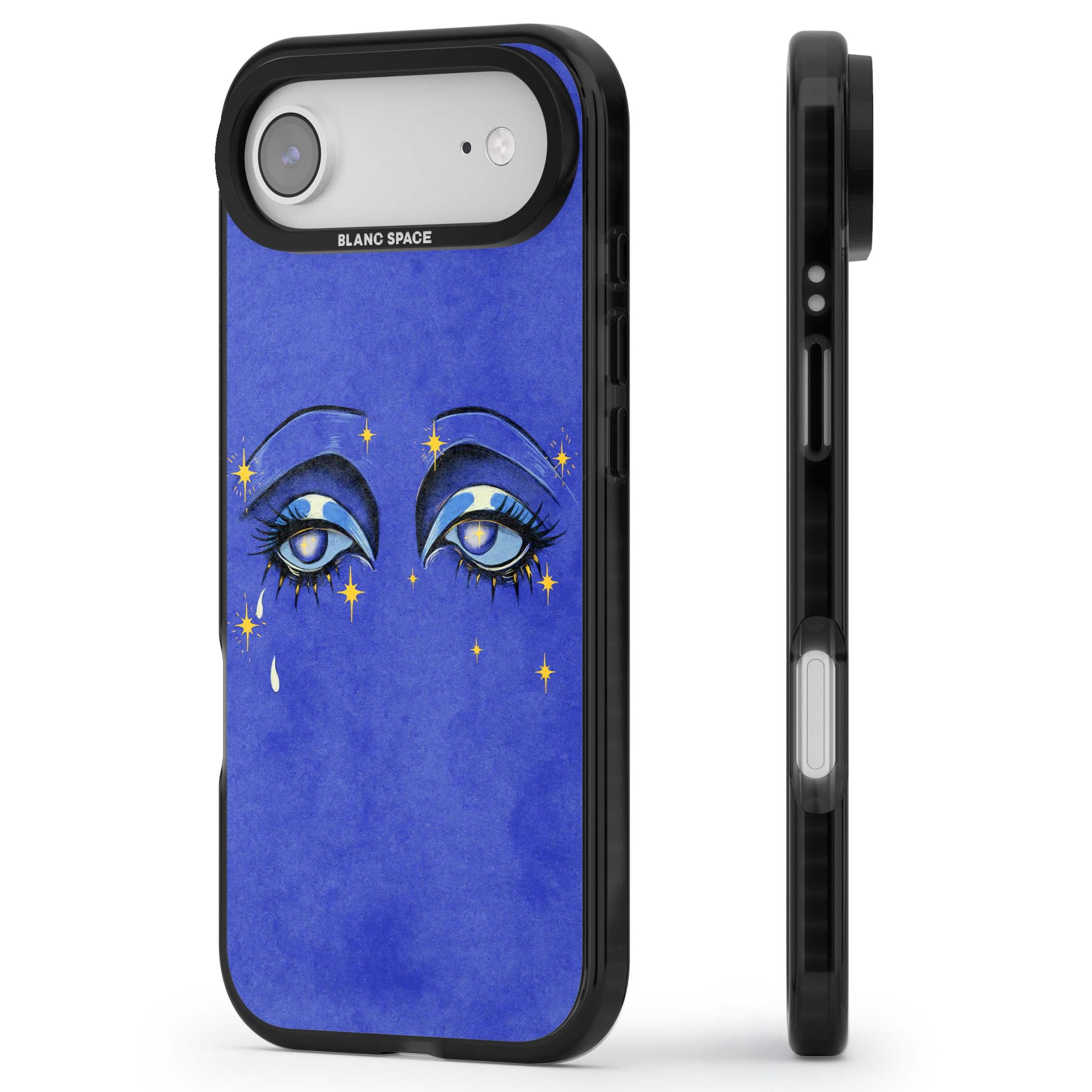 Blue Mystic Eyes celestial iPhone case featuring hand drawn blue mystical eyes, golden stars and a painted tear on indigo | Black Impact Magsafe case for iPhone Air