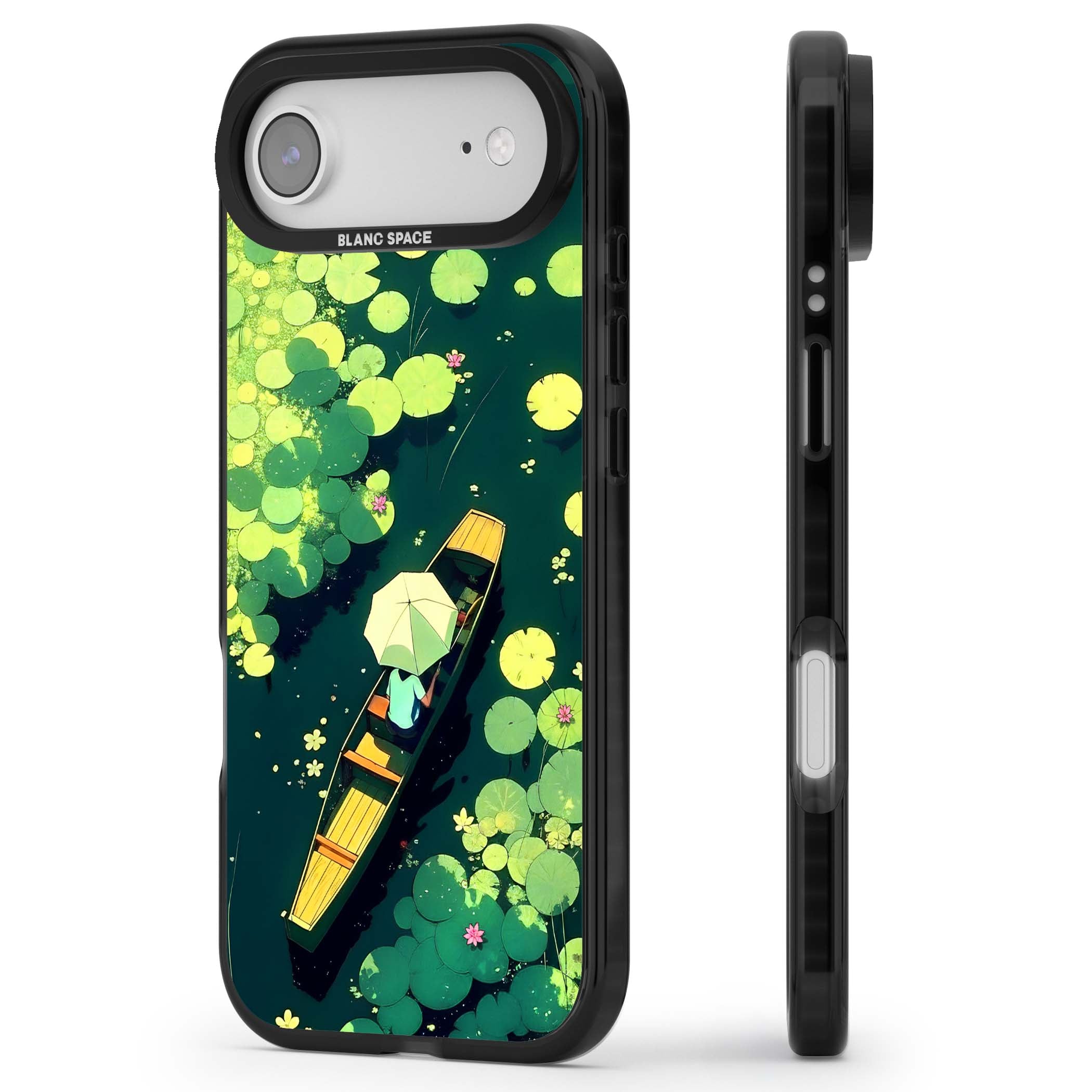 Jade Waters cottagecore iPhone case featuring a painted lily pond, wooden boat with parasol and floating water lilies | Black Impact Magsafe case for iPhone Air