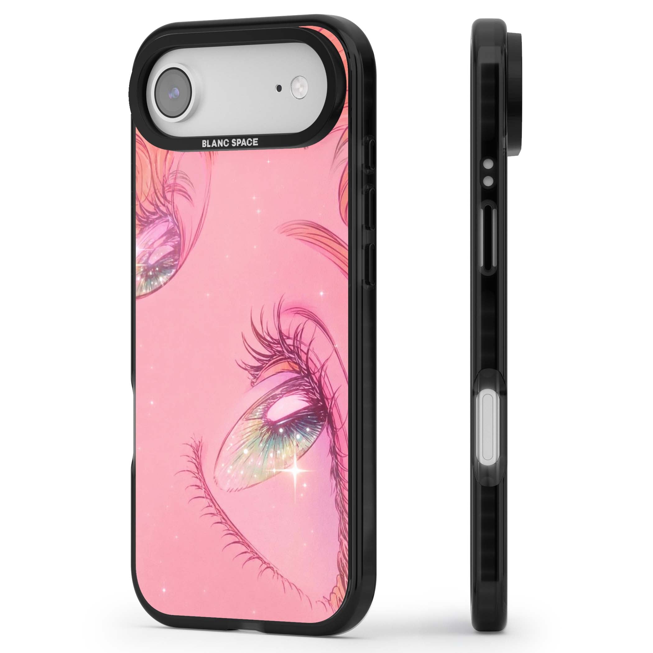 Pink Ethereal Gaze anime iPhone case featuring sparkling manga eyes, coral lashes and dreamy peach sky | Black Impact Magsafe case for iPhone Air