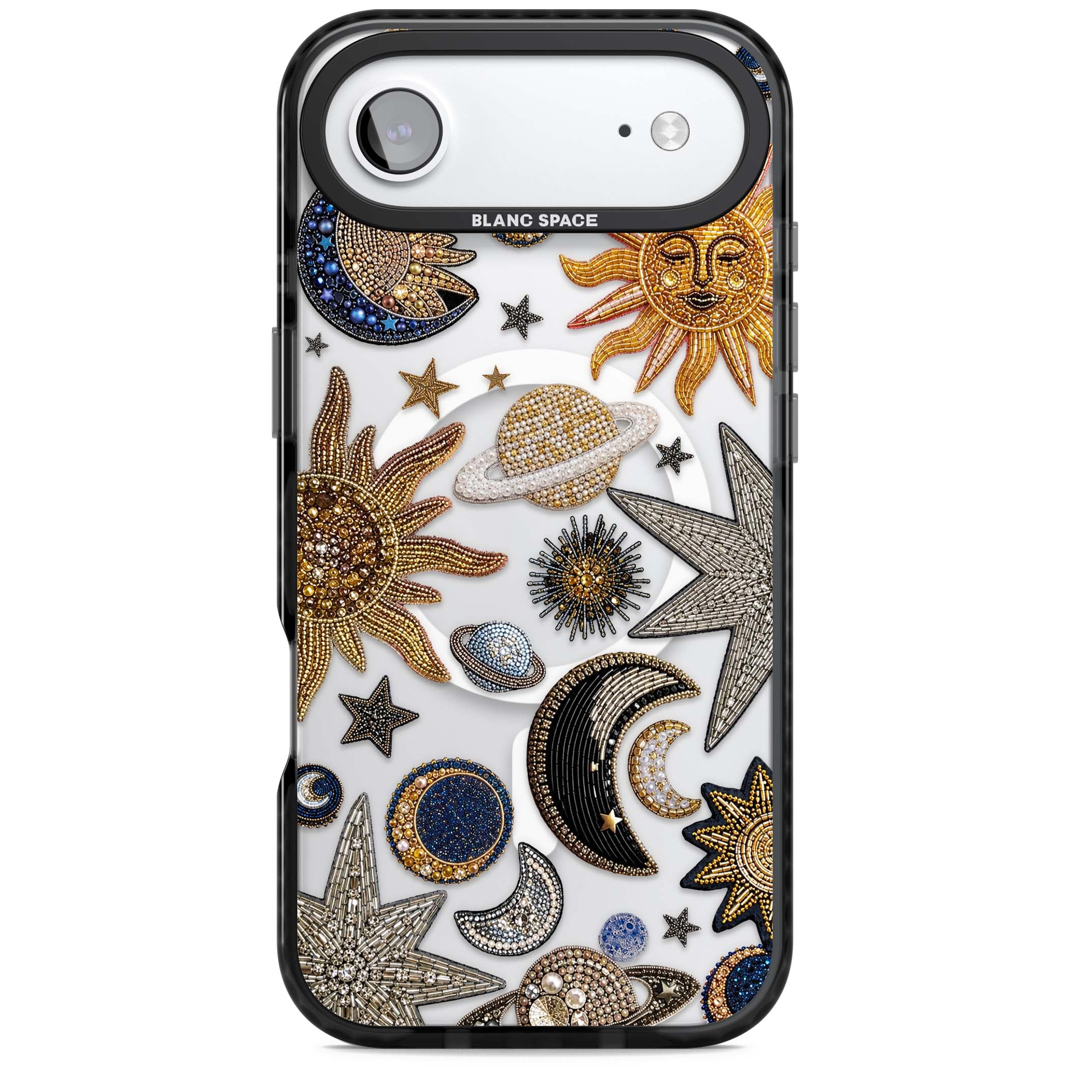Beaded Cosmos celestial iPhone case featuring embroidered golden suns, beaded planets and silver shooting stars | Black Impact Magsafe case for iPhone Air
