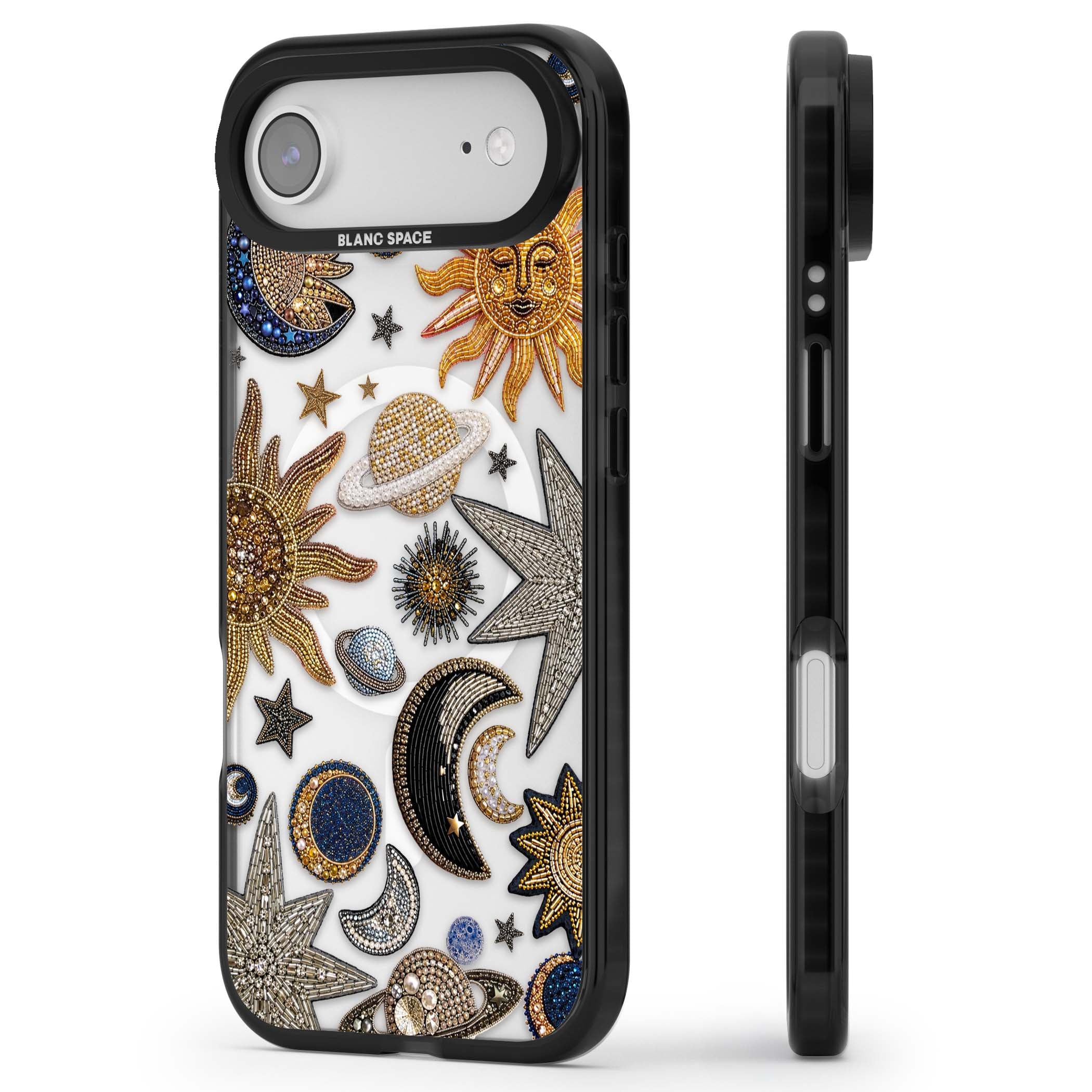 Beaded Cosmos celestial iPhone case featuring embroidered golden suns, beaded planets and silver shooting stars | Black Impact Magsafe case for iPhone Air
