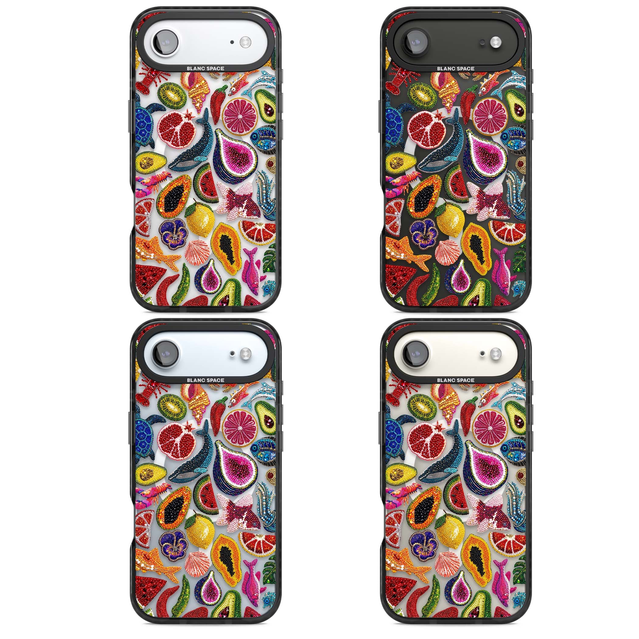 Beaded Tropic tropical iPhone case featuring beaded fruit, fish, crabs and seashells in vibrant colour | Black Impact Magsafe case for iPhone Air