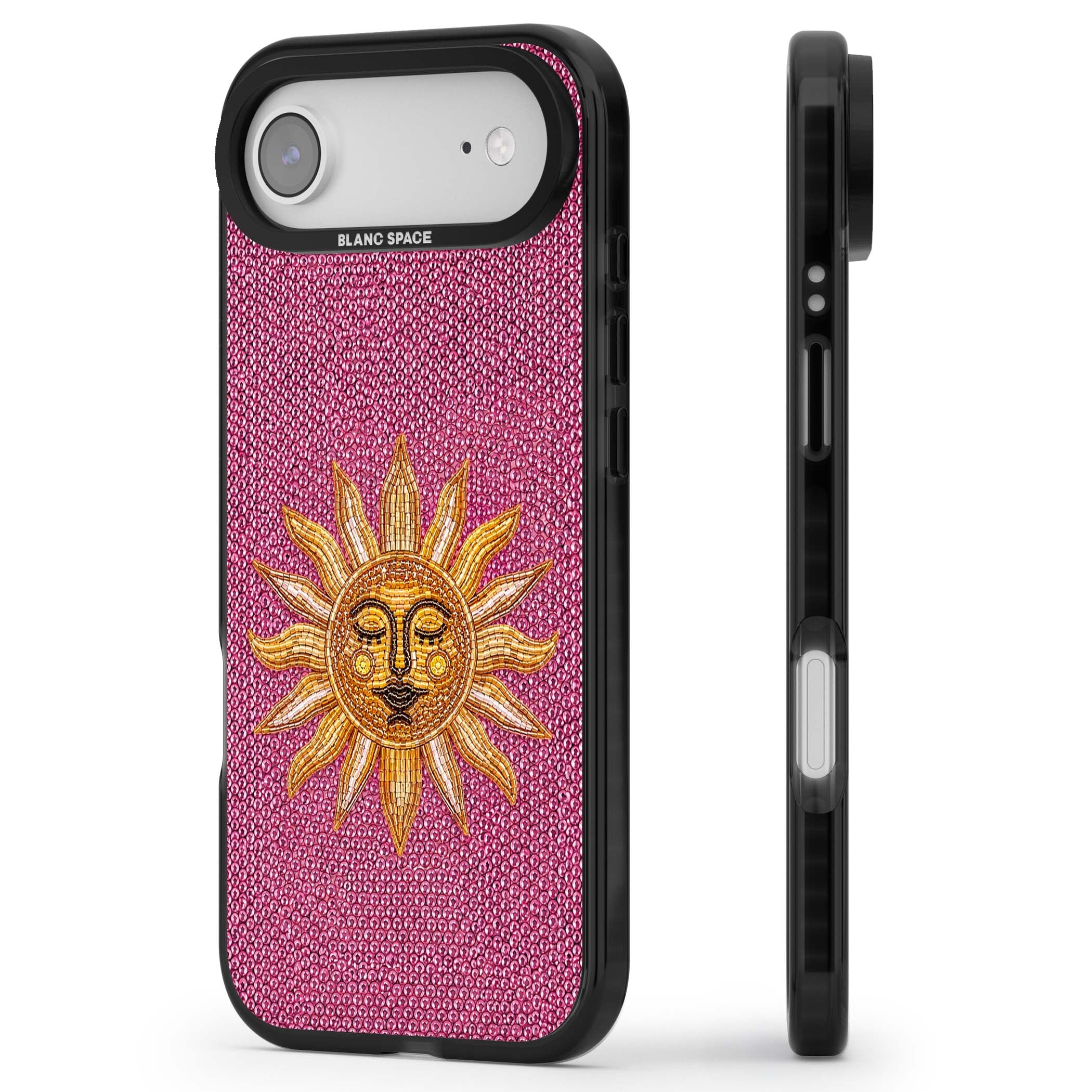 Beaded Sun celestial iPhone case featuring a golden beaded sun face with radiant rays on hot pink beaded background | Black Impact Magsafe case for iPhone Air