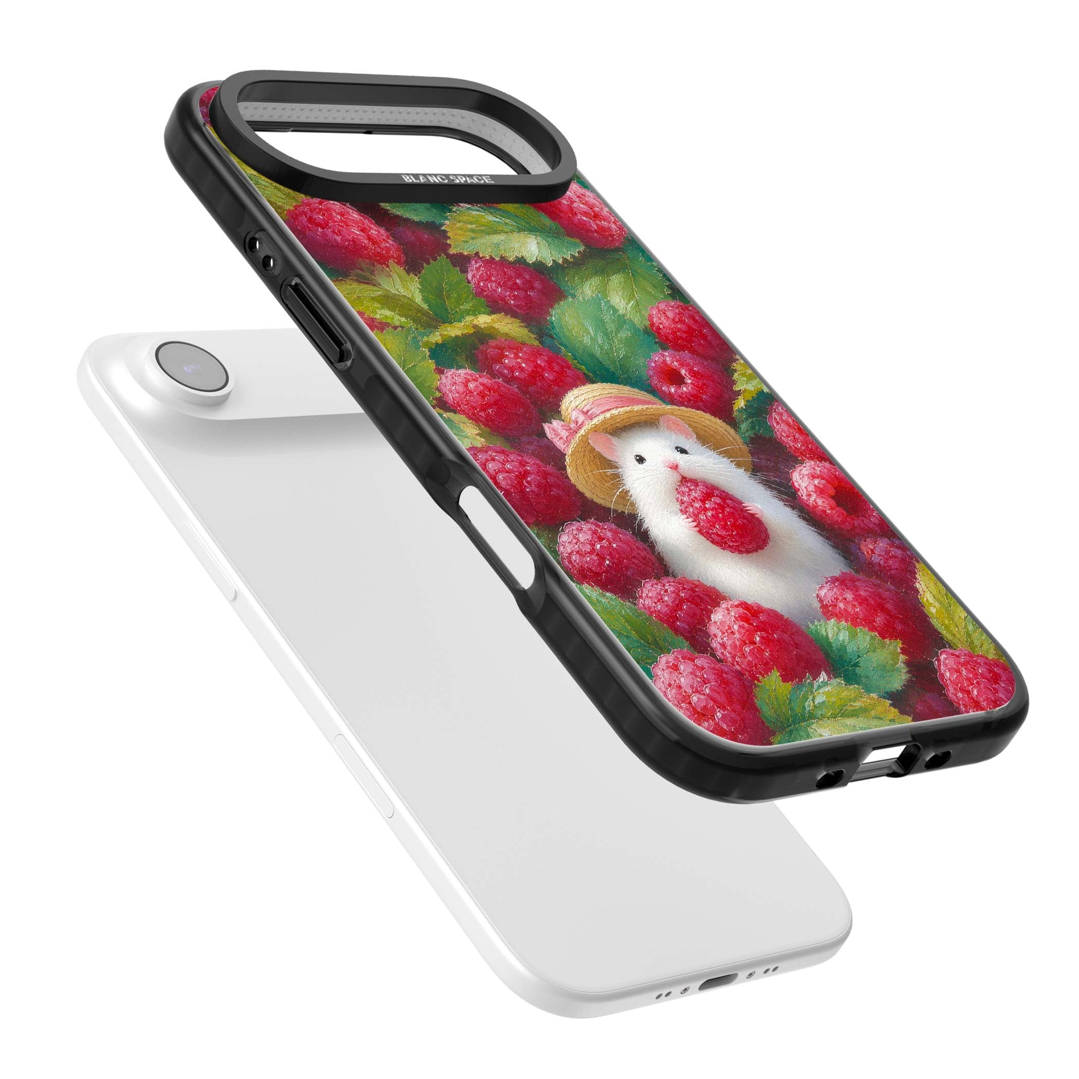 Berry Forager cottagecore iPhone case featuring a white hamster in a straw hat holding a raspberry surrounded by ripe ber | Black Impact Magsafe case for iPhone Air