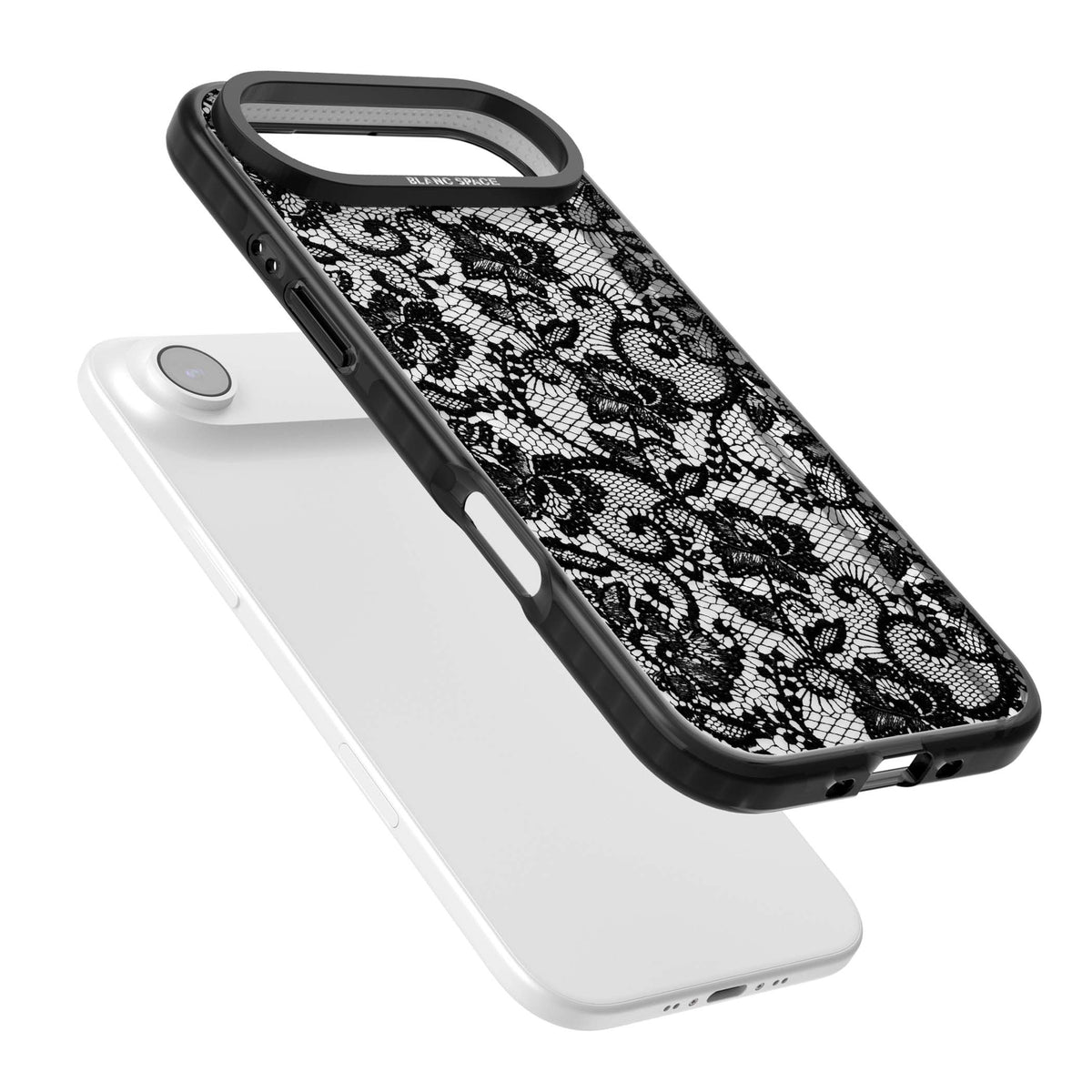 Black Lace gothic iPhone case featuring intricate black floral lace pattern with vintage whimsigoth detail | Black Impact Magsafe case for iPhone Air