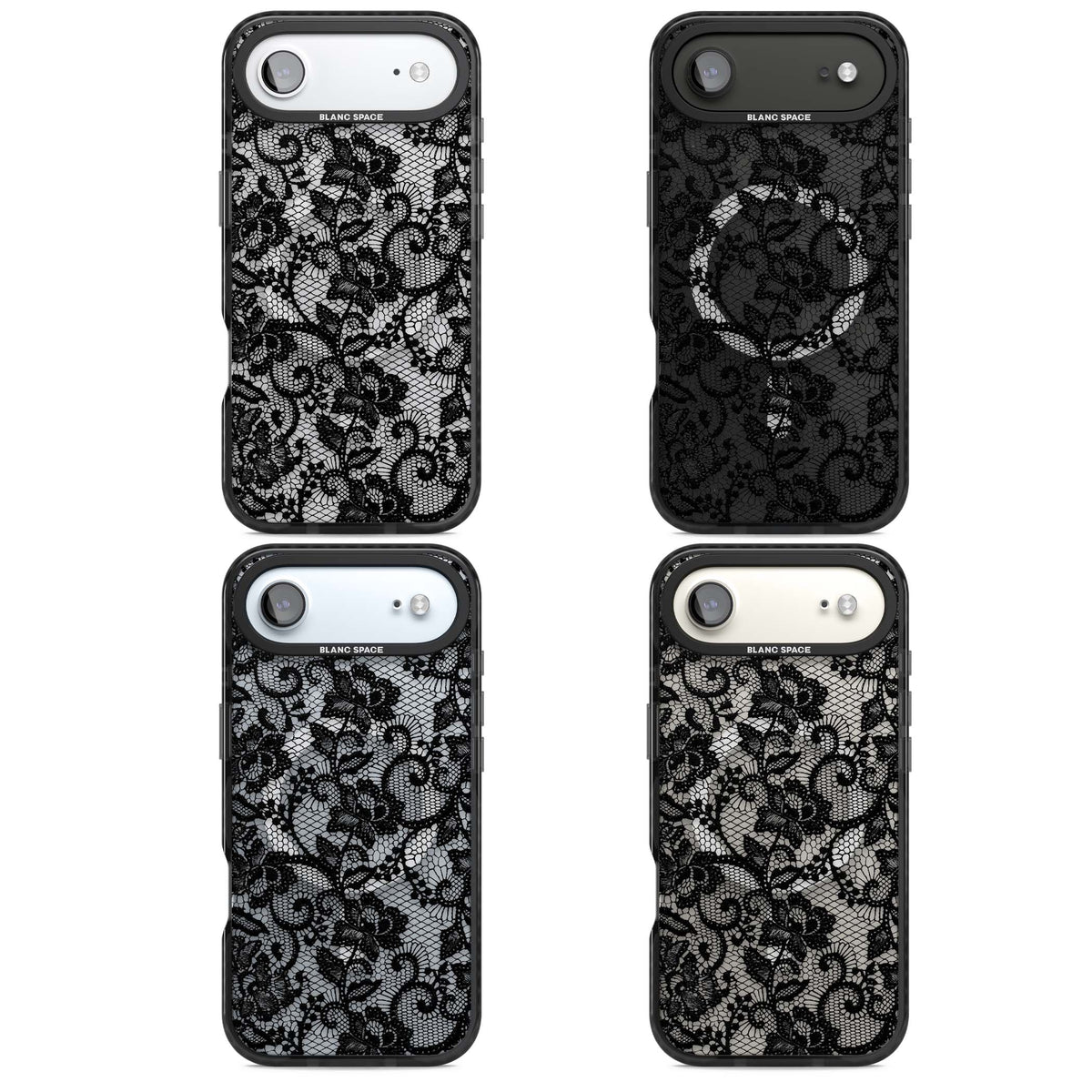 Black Lace gothic iPhone case featuring intricate black floral lace pattern with vintage whimsigoth detail | Black Impact Magsafe case for iPhone Air