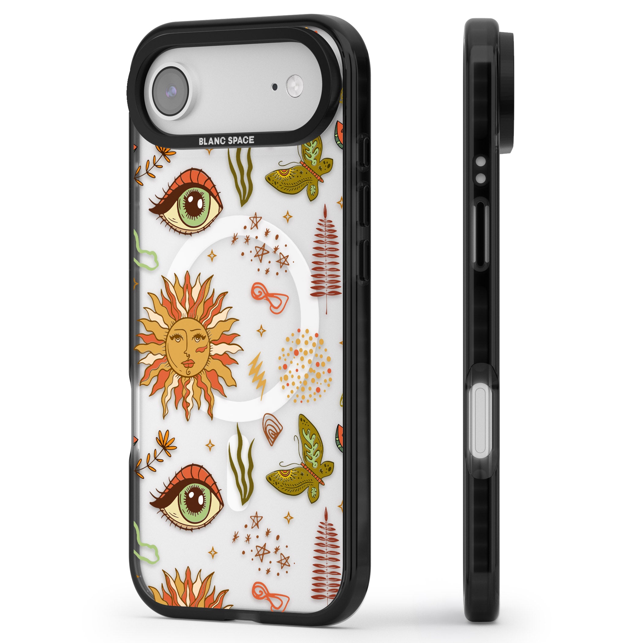 Boho Celestial Sun & Eye Pattern iPhone 17 Air Impact Pro Black Phone Case Side Profile