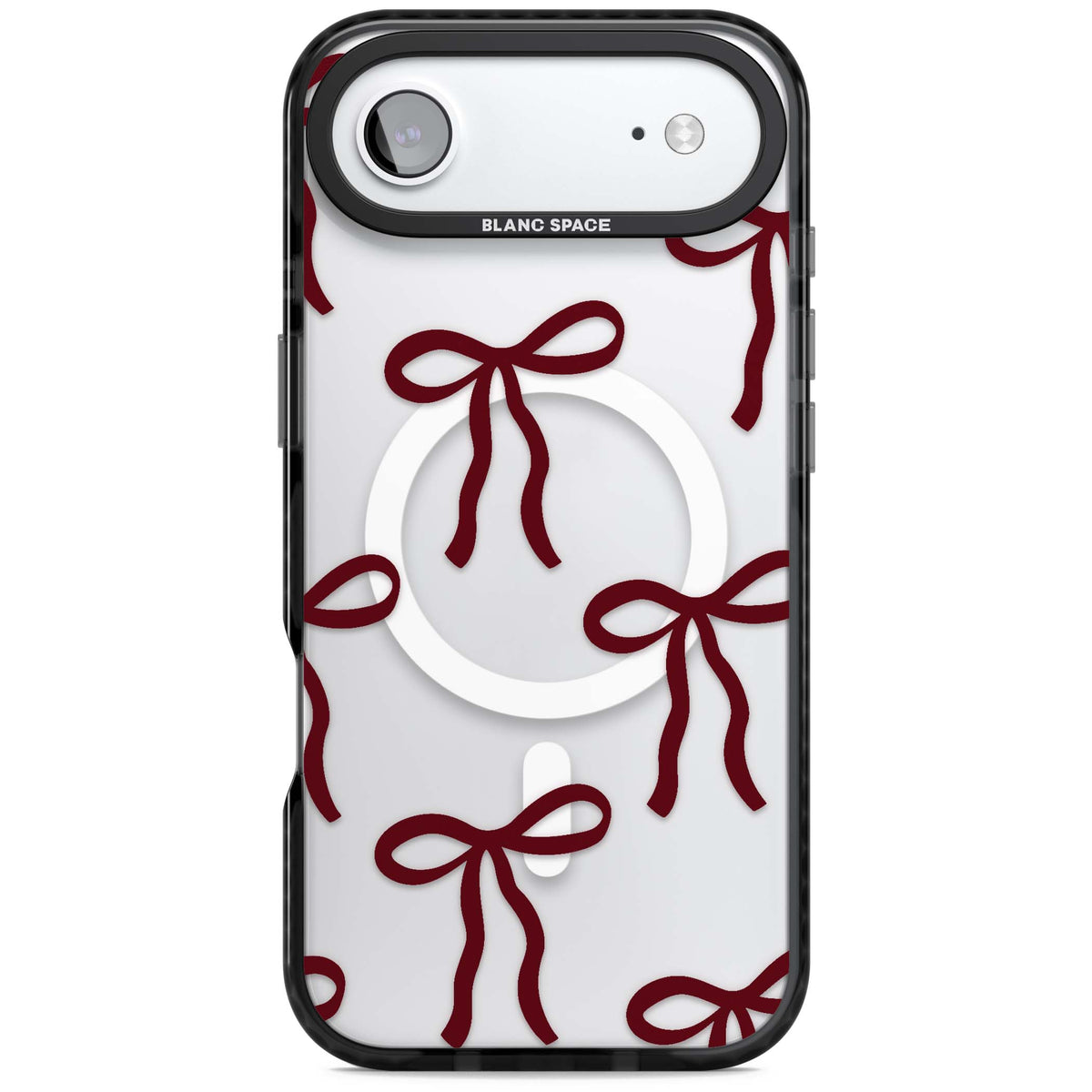 Burgundy Bows coquette iPhone case featuring hand-drawn burgundy red bows on a clear background | Black Impact Magsafe case for iPhone Air