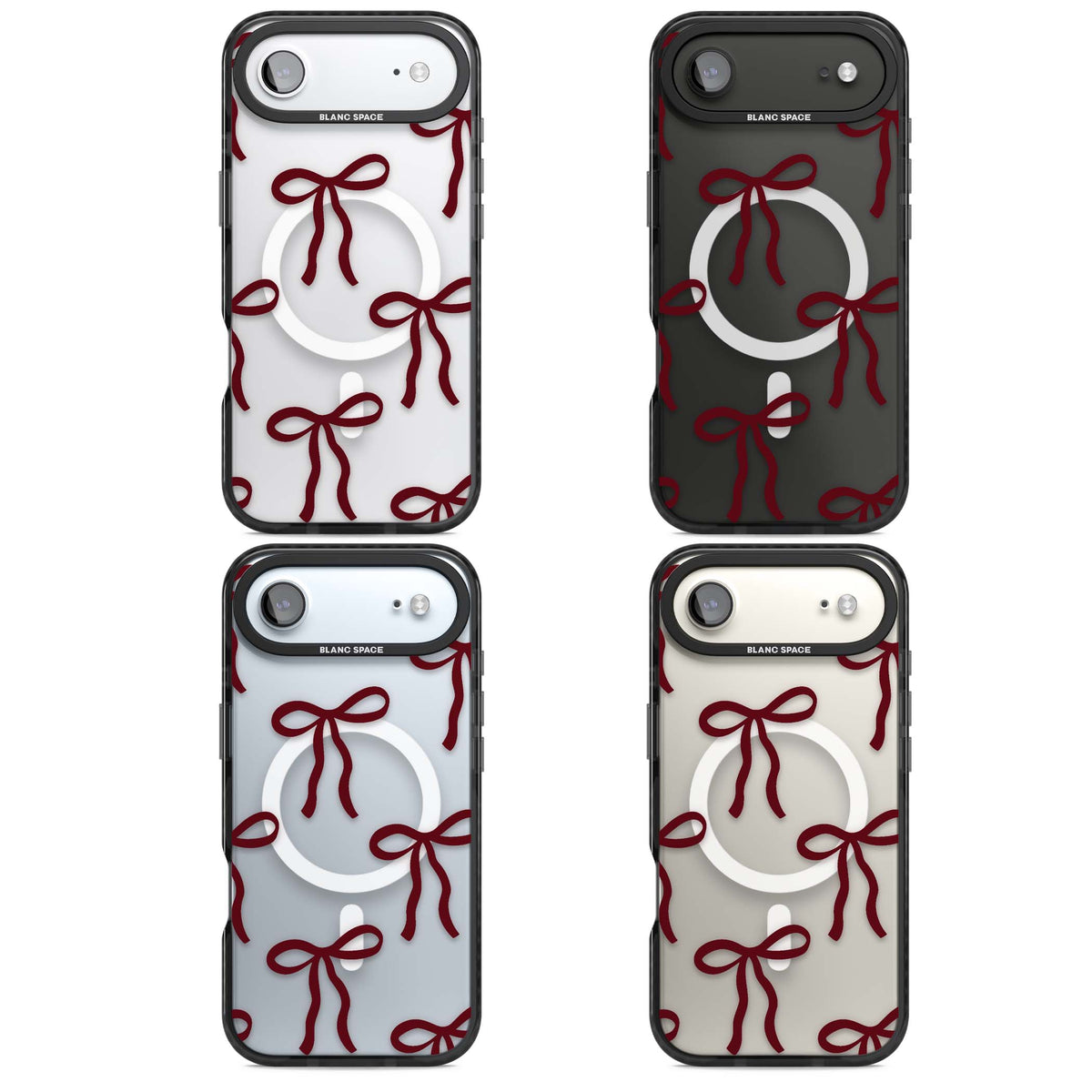Burgundy Bows coquette iPhone case featuring hand-drawn burgundy red bows on a clear background | Black Impact Magsafe case for iPhone Air