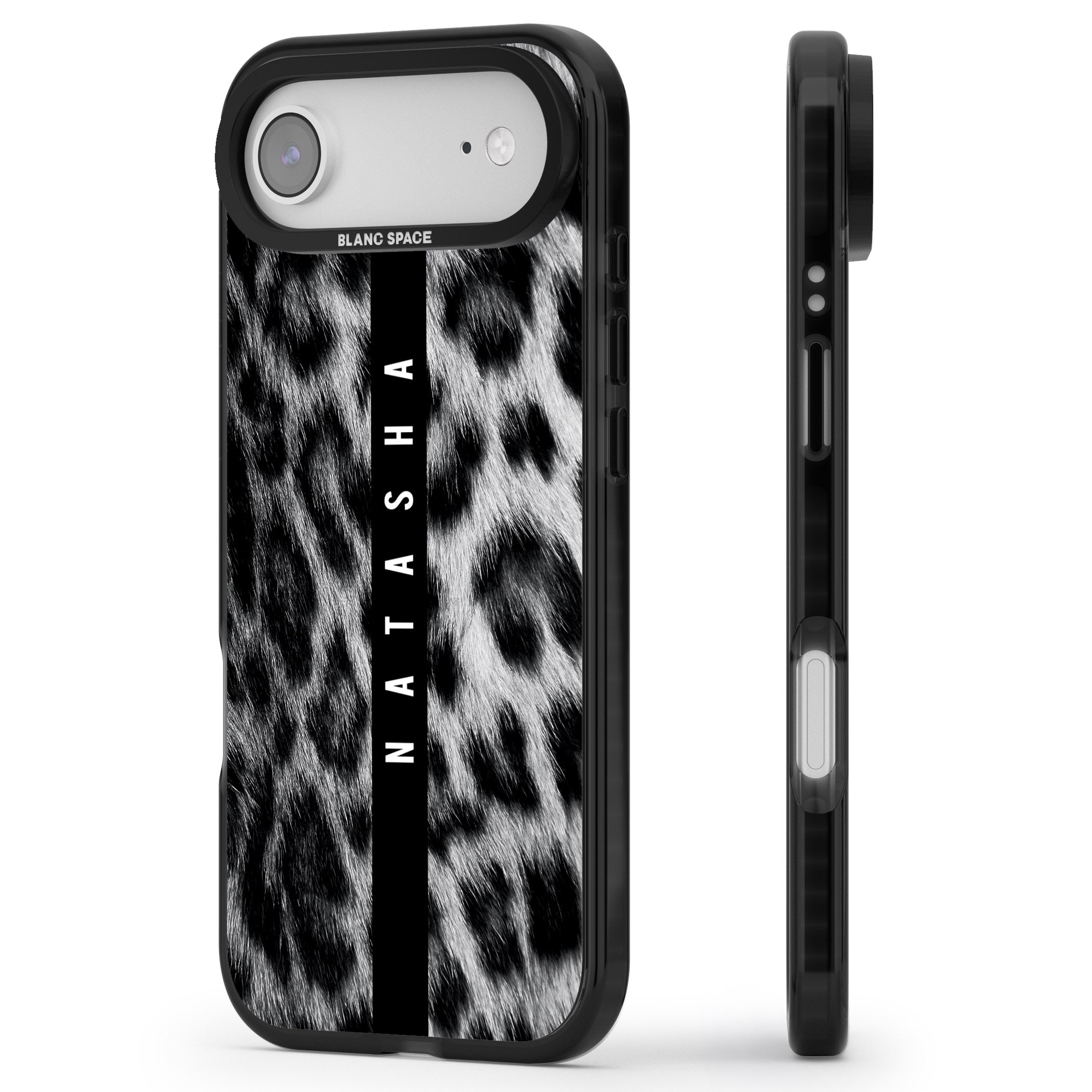 Personalised Snow Leopard Print iPhone 17 Air Impact Pro Black Phone Case Side Profile