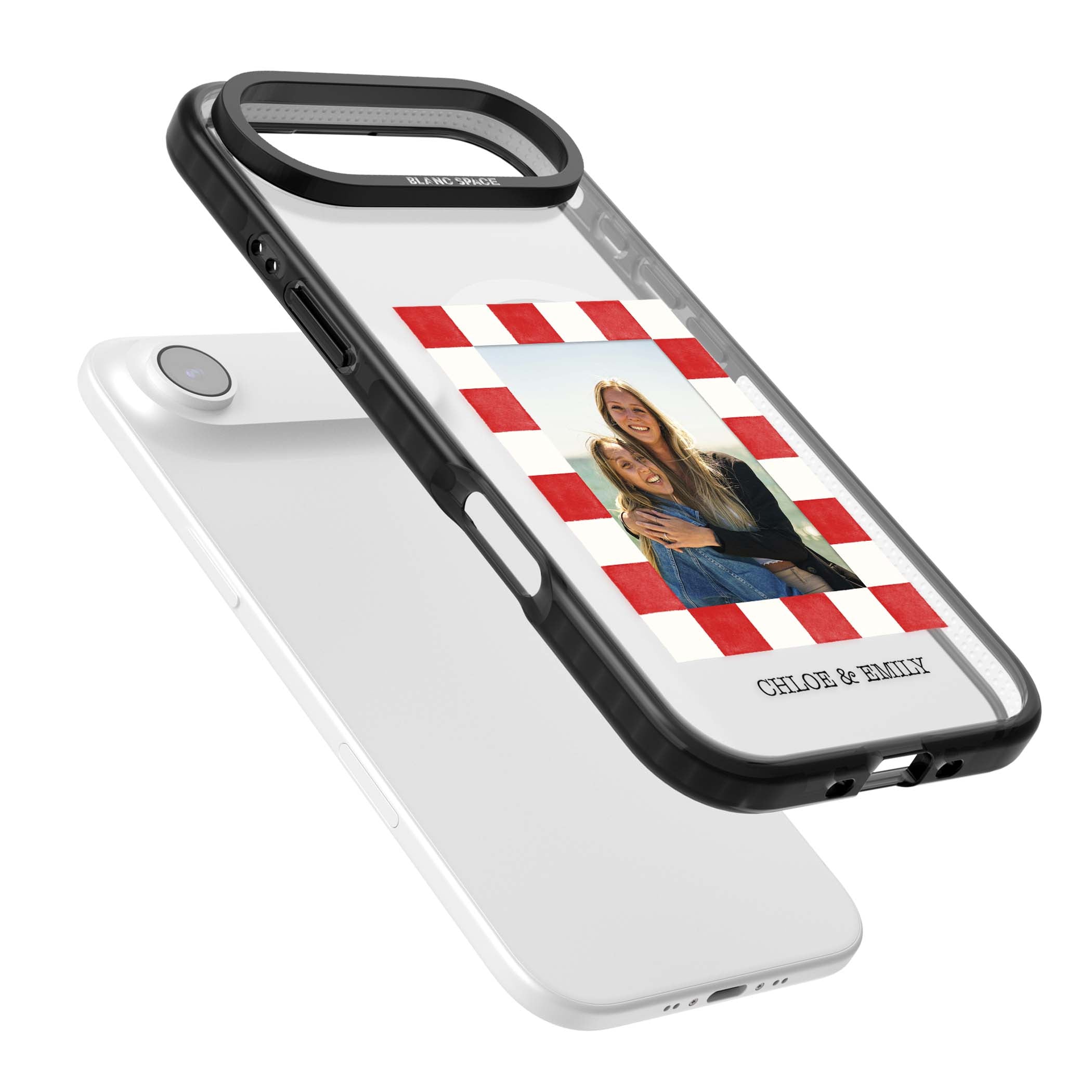 Red Check Photo personalised photo iPhone case with red and white checkered polaroid frame and custom couple name | Black Impact Magsafe case for iPhone Air