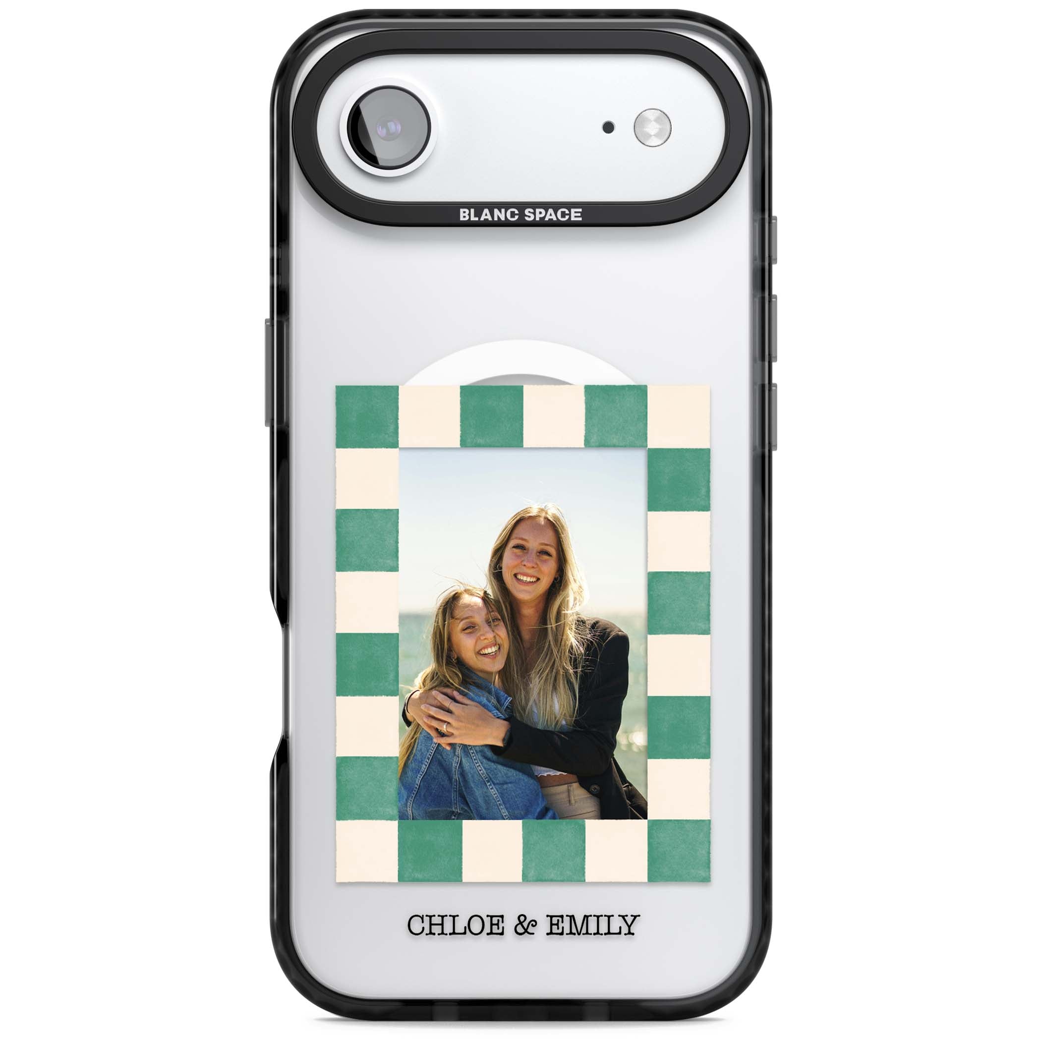 Seafoam Check Photo personalised iPhone case featuring a custom polaroid photo, green and cream checkered frame, and custom n | Black Impact Magsafe case for iPhone Air