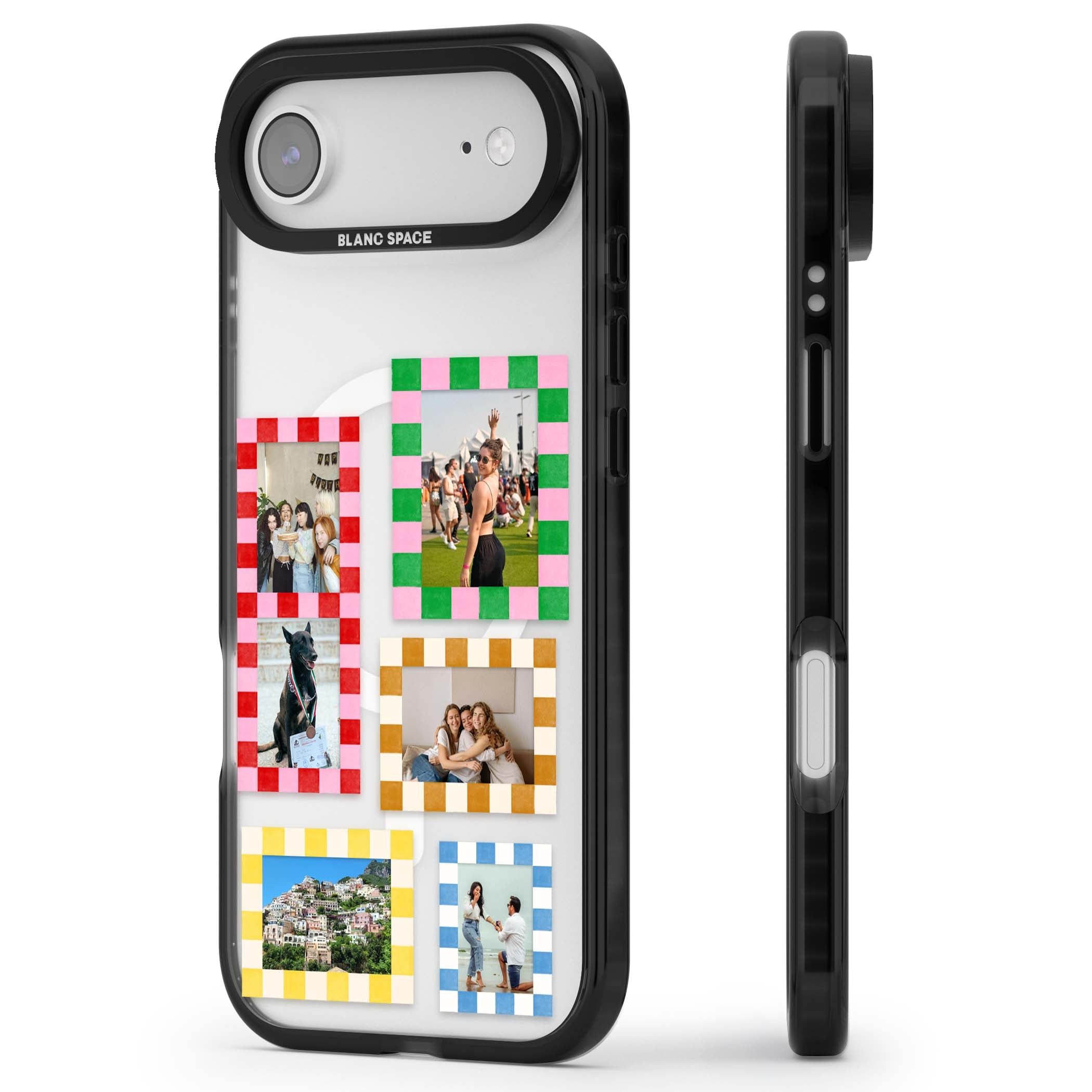 Italian Check Frames custom photo collage iPhone case featuring six checkered photo frames in red, green, pink and | Black Impact Magsafe case for iPhone Air