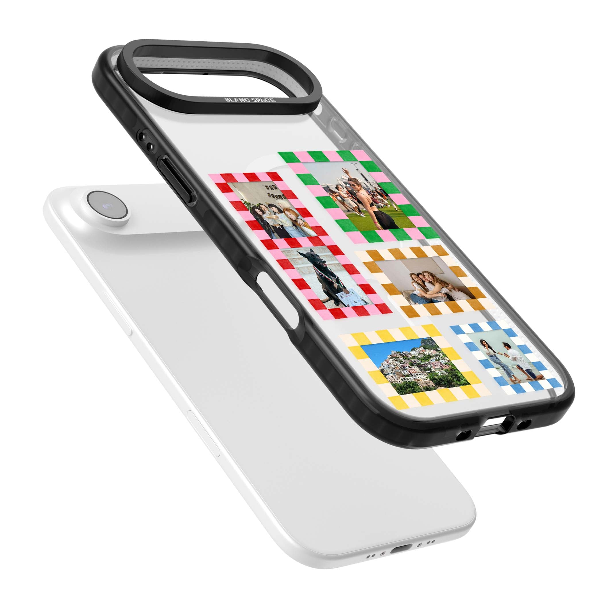 Italian Check Frames custom photo collage iPhone case featuring six checkered photo frames in red, green, pink and | Black Impact Magsafe case for iPhone Air