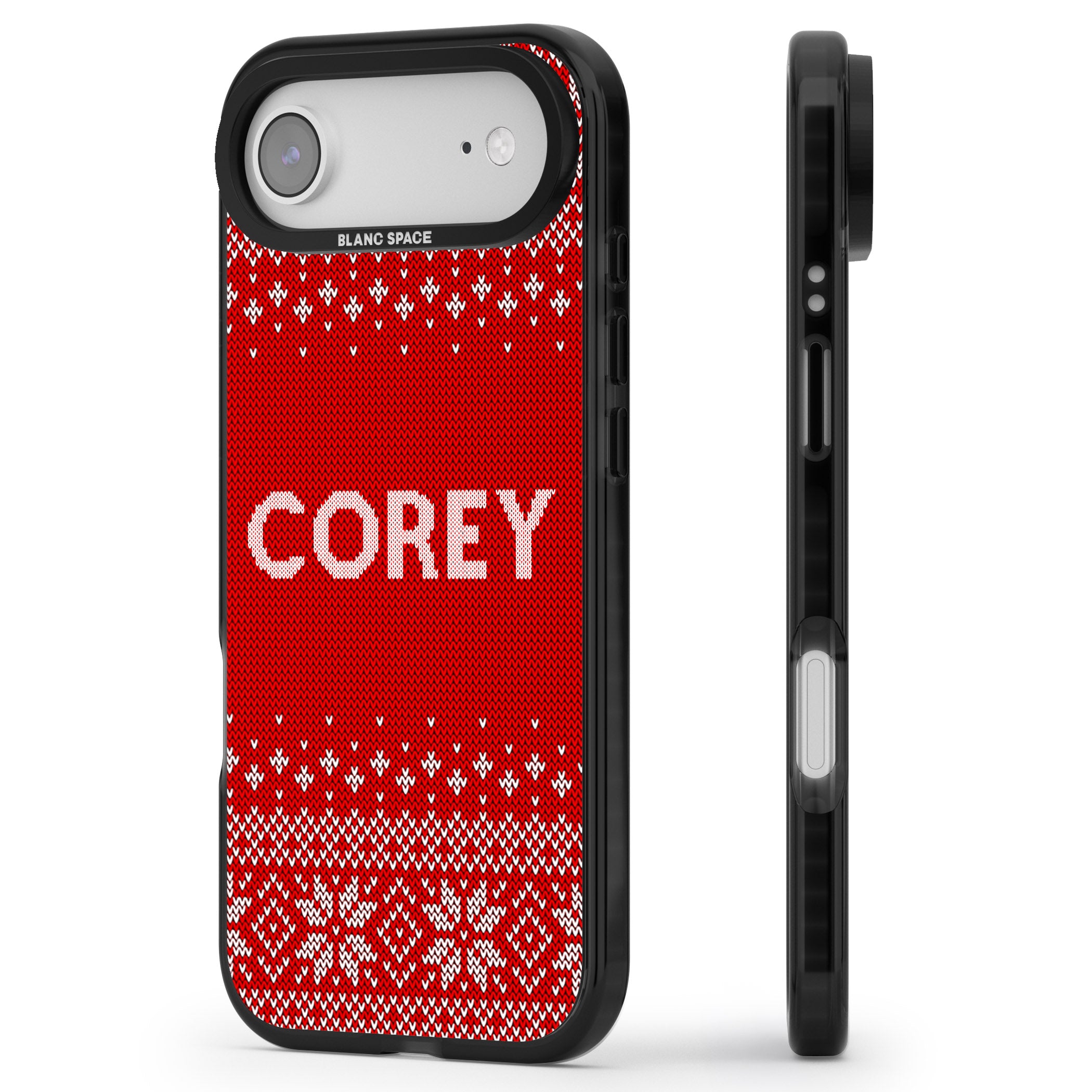 Personalised Red Christmas Knit iPhone 17 Air Impact Pro Black Phone Case Side Profile
