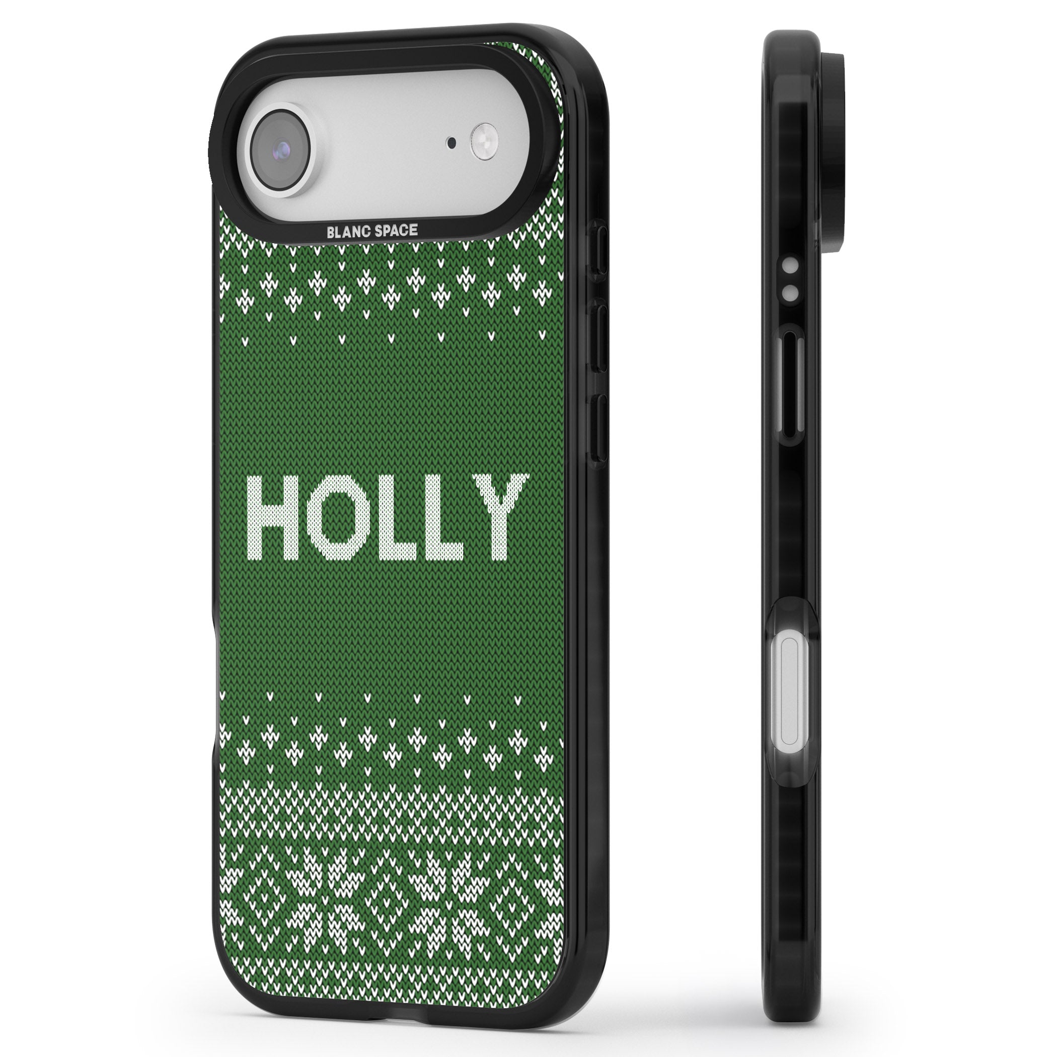 Personalised Green Christmas Knit iPhone 17 Air Impact Pro Black Phone Case Side Profile