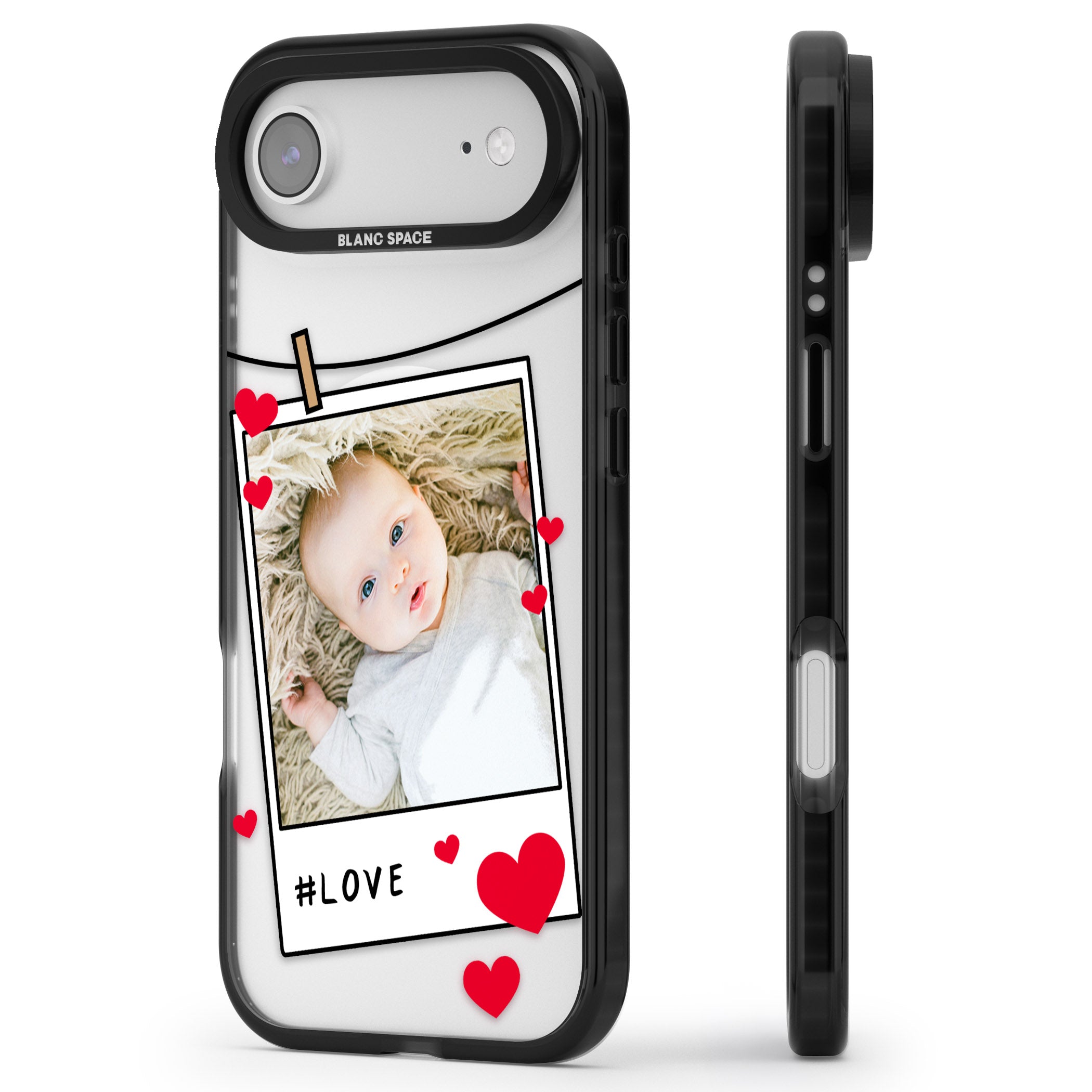 Personalised Paperclip & Hearts Instant Camera Photo iPhone 17 Air Impact Pro Black Phone Case Side Profile
