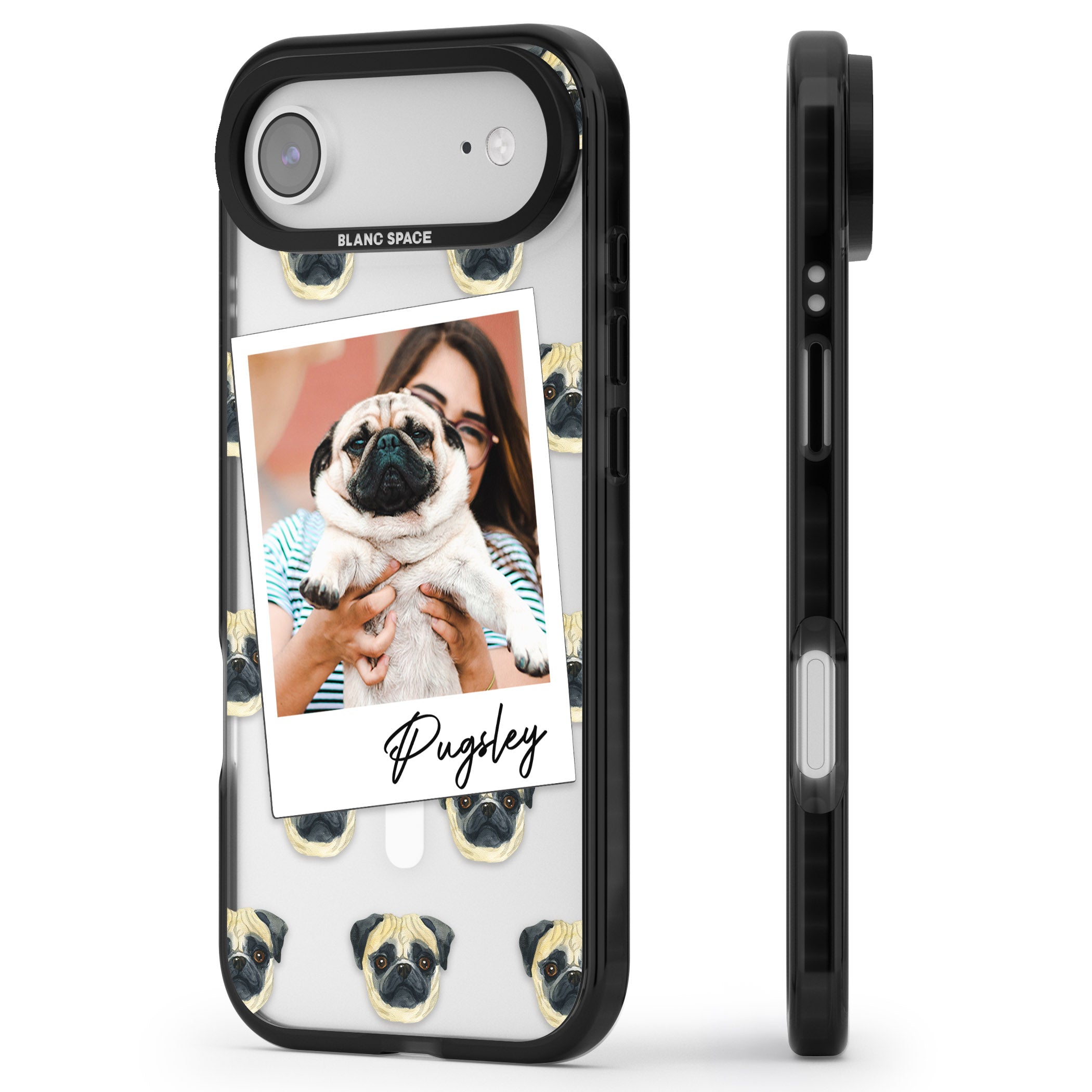Personalised Pug Instant Camera Photo iPhone 17 Air Impact Pro Black Phone Case Side Profile