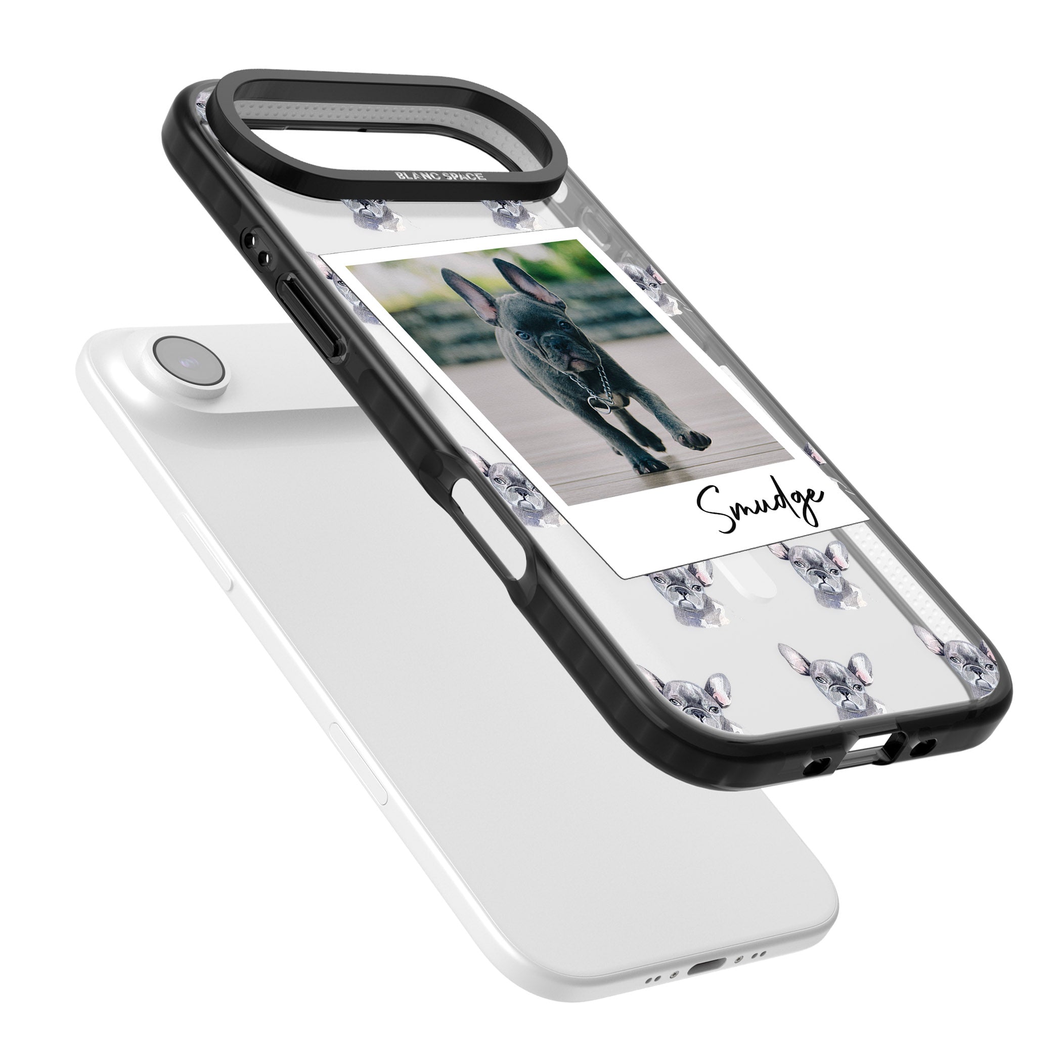 Personalised Grey French Bulldog Instant Camera Photo iPhone 17 Air Impact Pro Black Phone Case Colours