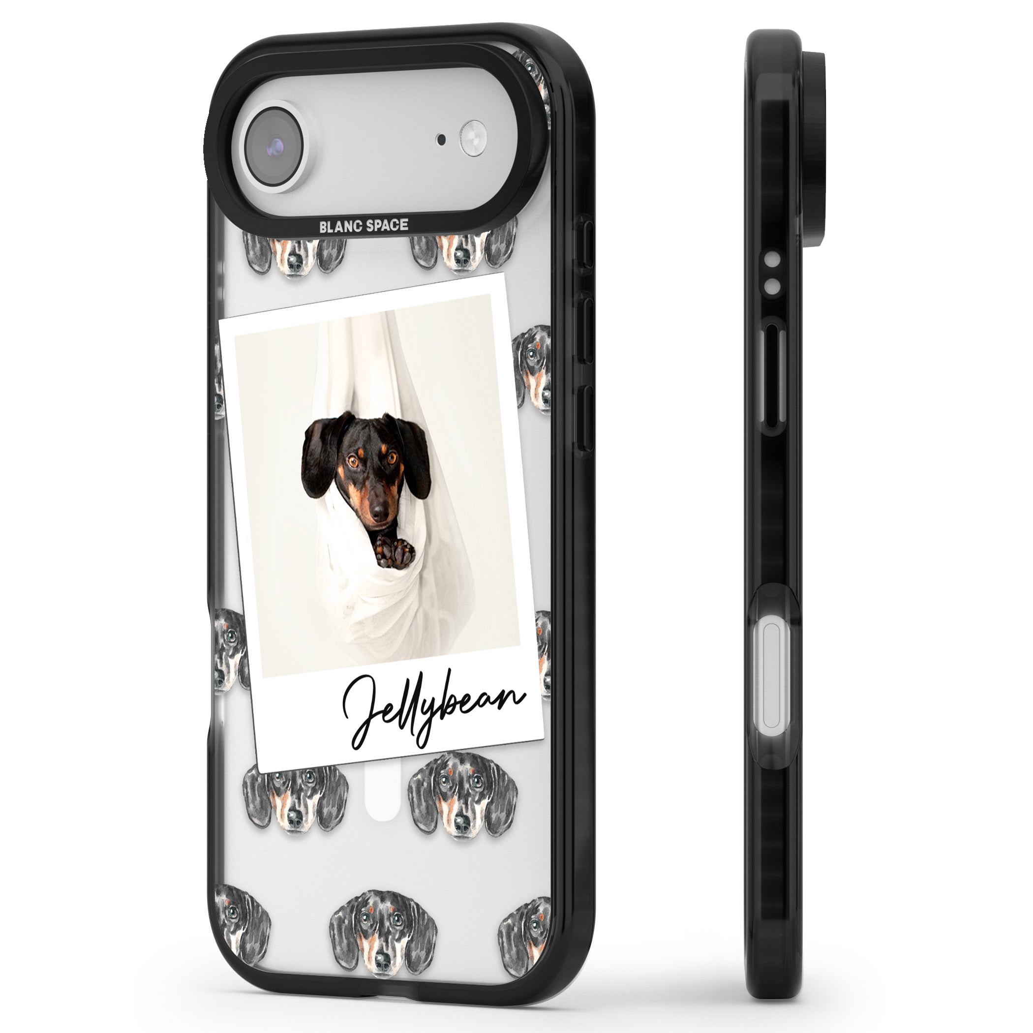 Personalised Black Dachshund Instant Camera Photo iPhone 17 Air Impact Pro Black Phone Case Side Profile
